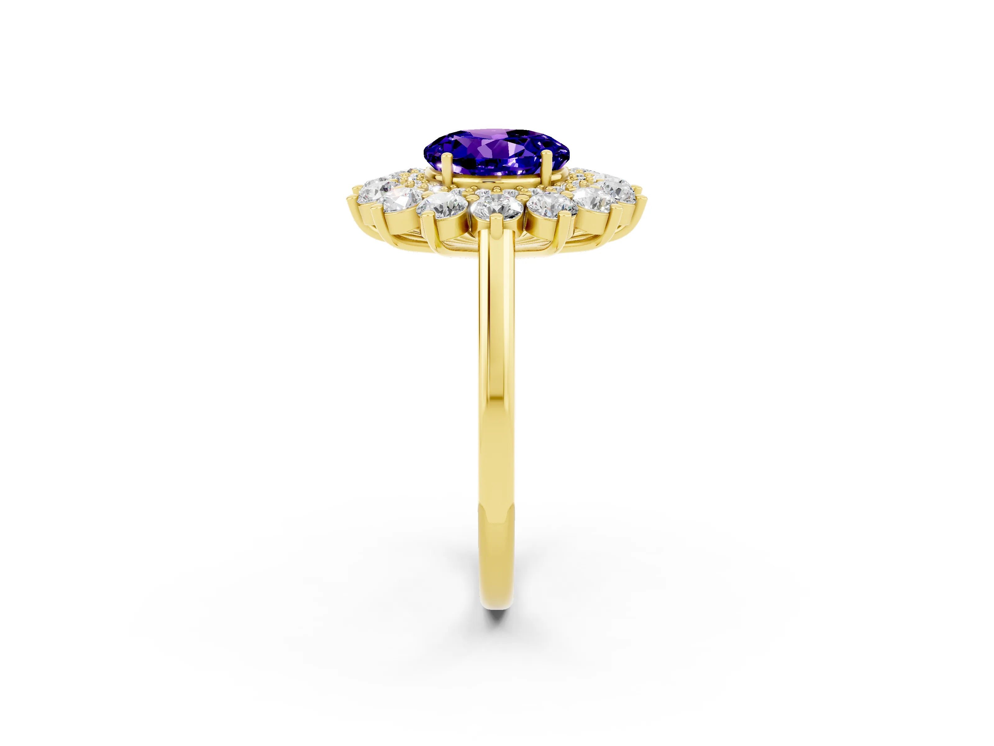 Yellow gold Round Cut Halo Cluster Diamond Ring with Pave Band and Four-Prong Setting_14