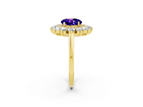 Yellow gold Round Cut Halo Cluster Diamond Ring with Pave Band and Four-Prong Setting_14