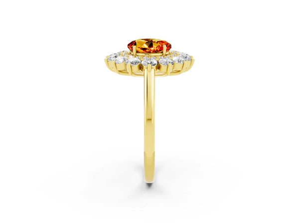 Yellow gold Round Cut Citrine Floral Double Halo Engagement Ring with Prong Setting