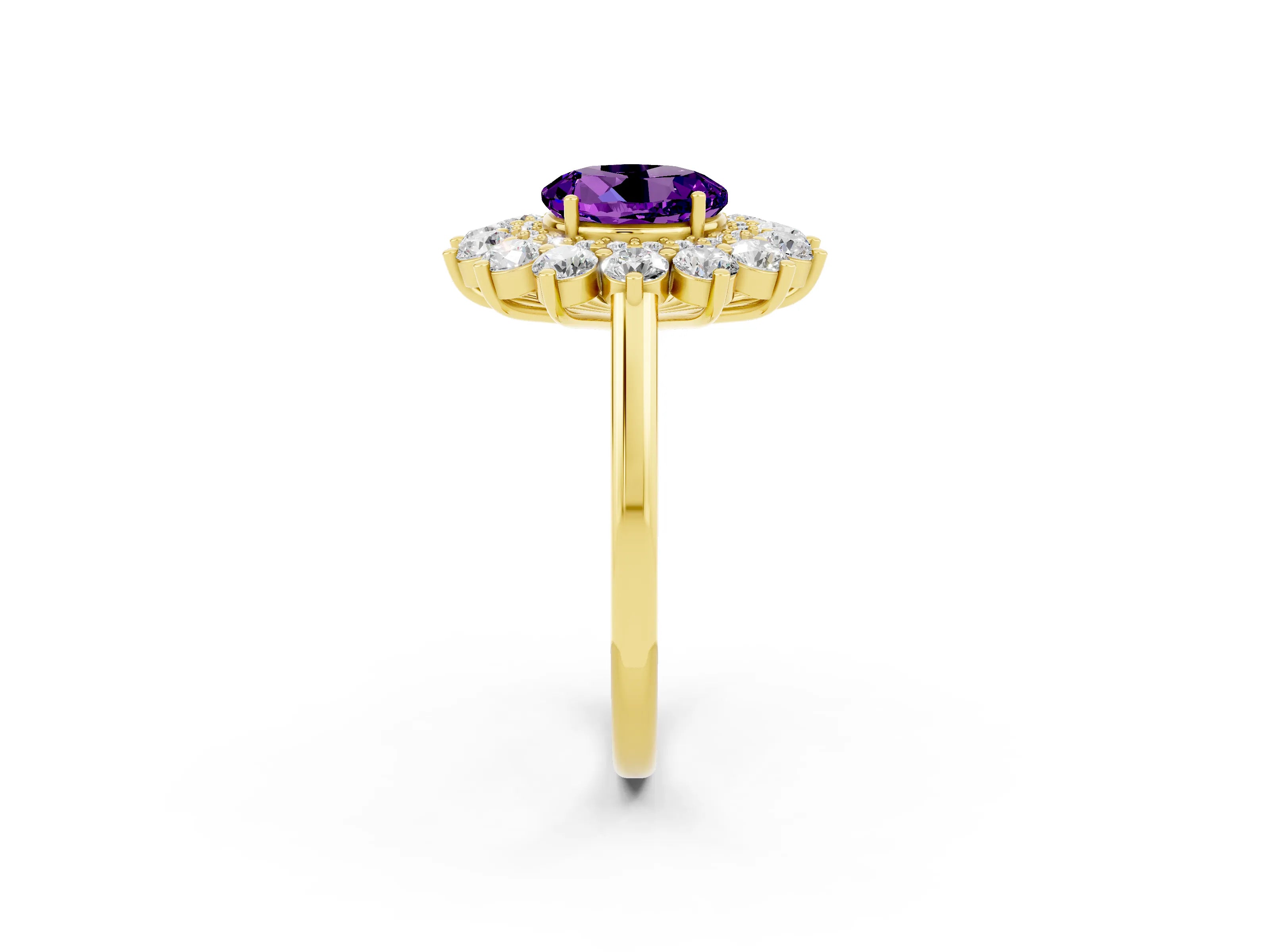 Yellow gold Round Cut Halo Cluster Diamond Ring with Pave Band and Four-Prong Setting_14