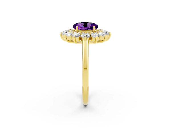 Yellow gold Round Cut Amethyst Floral Double Halo Engagement Ring with Prong Setting
