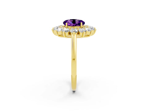 Yellow gold Round Cut Halo Cluster Diamond Ring with Pave Band and Four-Prong Setting_14