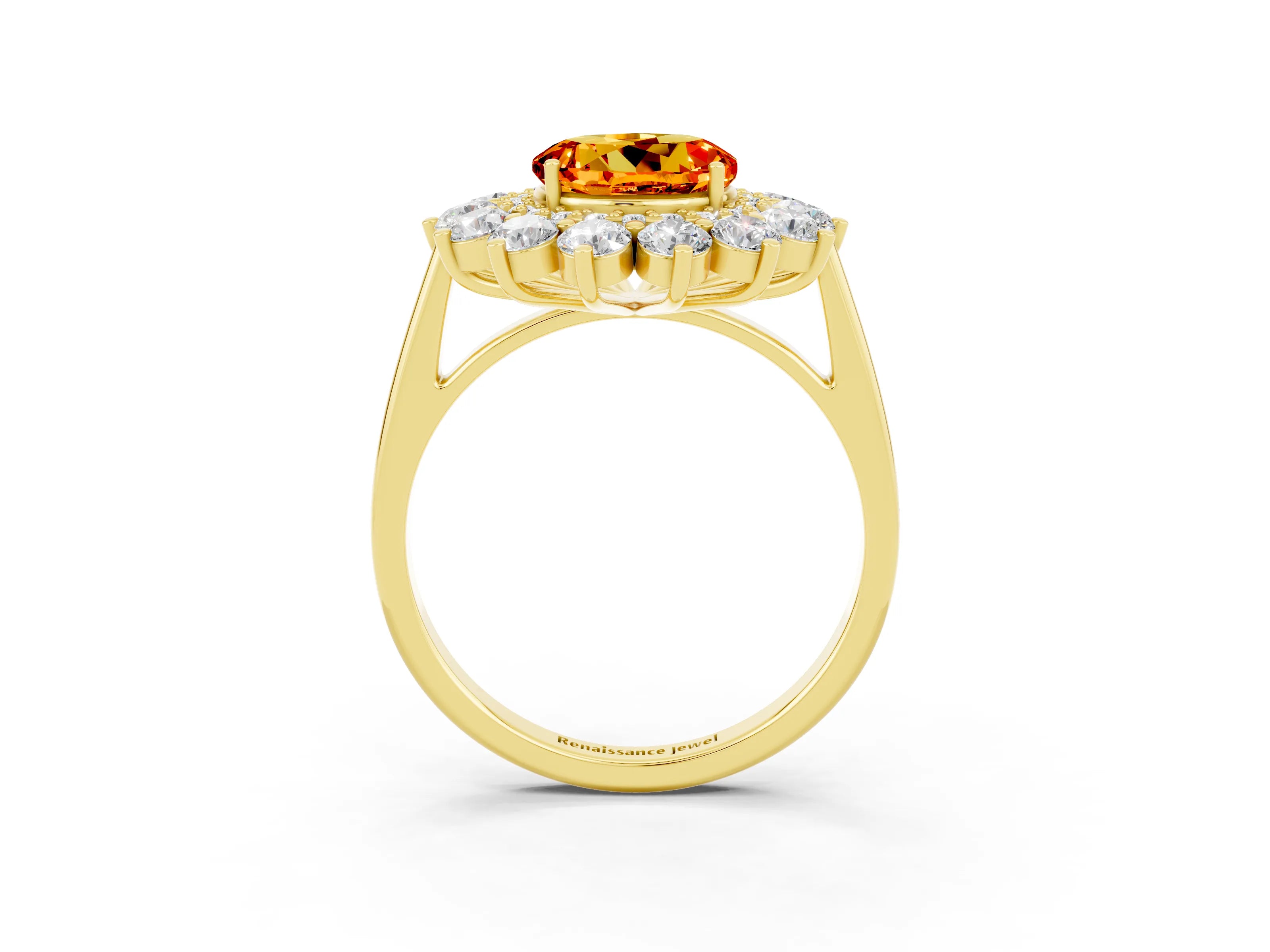 Yellow gold Round Cut Halo Cluster Diamond Ring with Pave Band and Four-Prong Setting_15