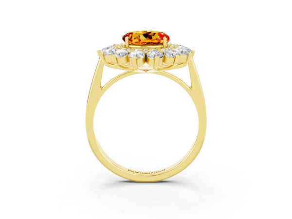 Yellow gold Round Cut Citrine Floral Double Halo Engagement Ring with Prong Setting