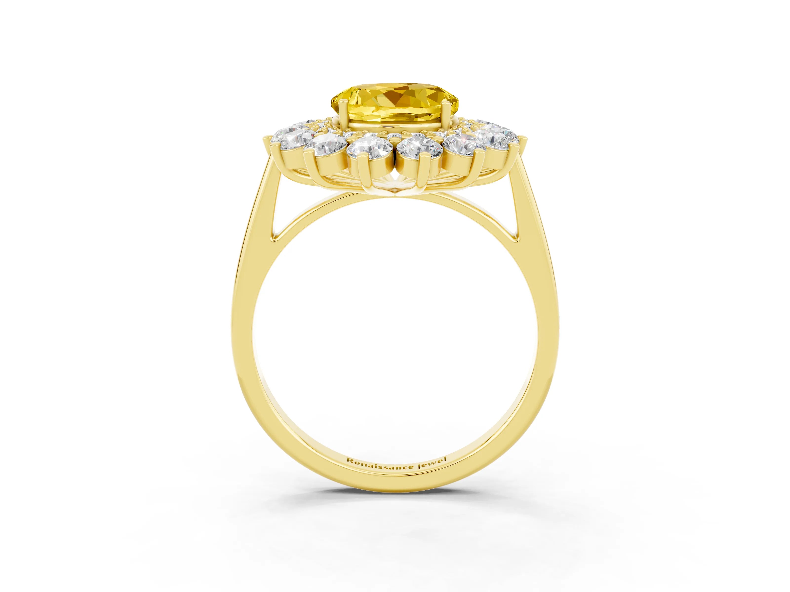 Yellow gold Round Cut Halo Cluster Diamond Ring with Pave Band and Four-Prong Setting_15