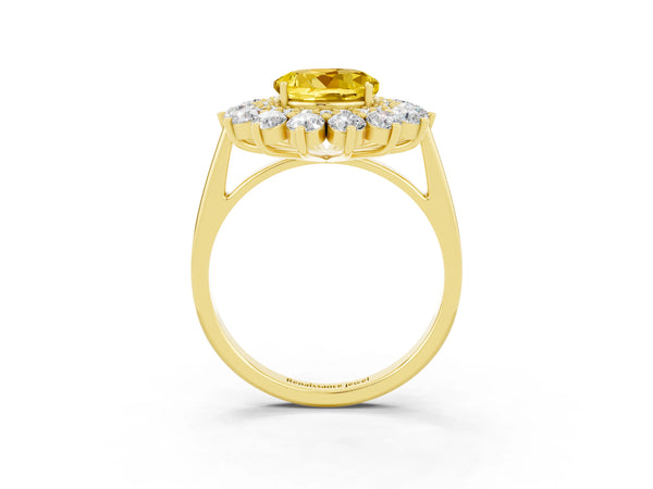 Yellow gold Round Cut Yellow Sapphire Floral Double Halo Engagement Ring with Prong Setting