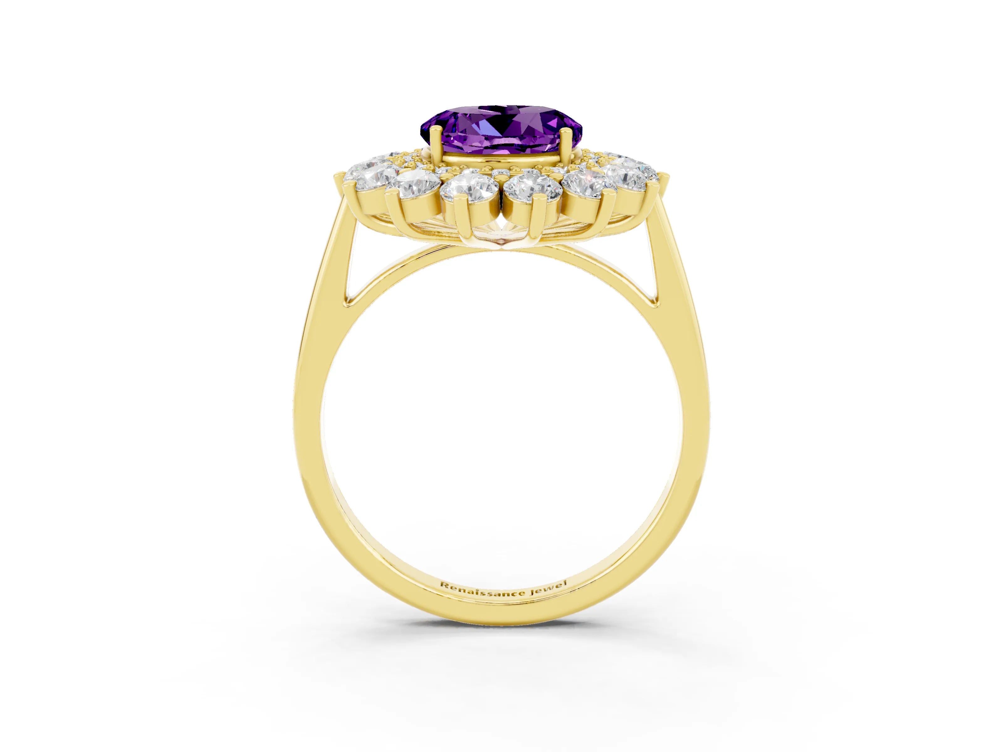 Yellow gold Round Cut Halo Cluster Diamond Ring with Pave Band and Four-Prong Setting_15