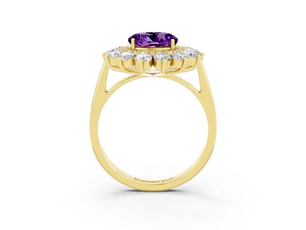 Yellow gold Round Cut Amethyst Floral Double Halo Engagement Ring with Prong Setting