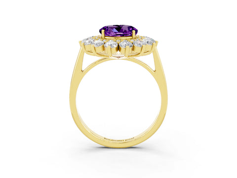 Yellow gold Round Cut Halo Cluster Diamond Ring with Pave Band and Four-Prong Setting_15