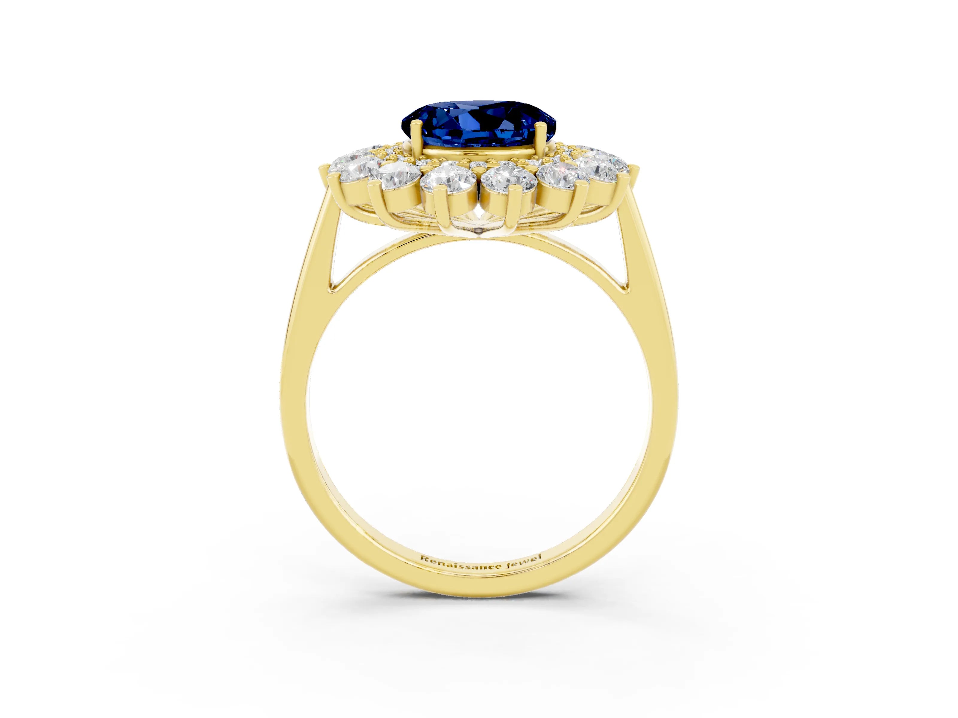 Yellow gold Round Cut Halo Cluster Diamond Ring with Pave Band and Four-Prong Setting_15