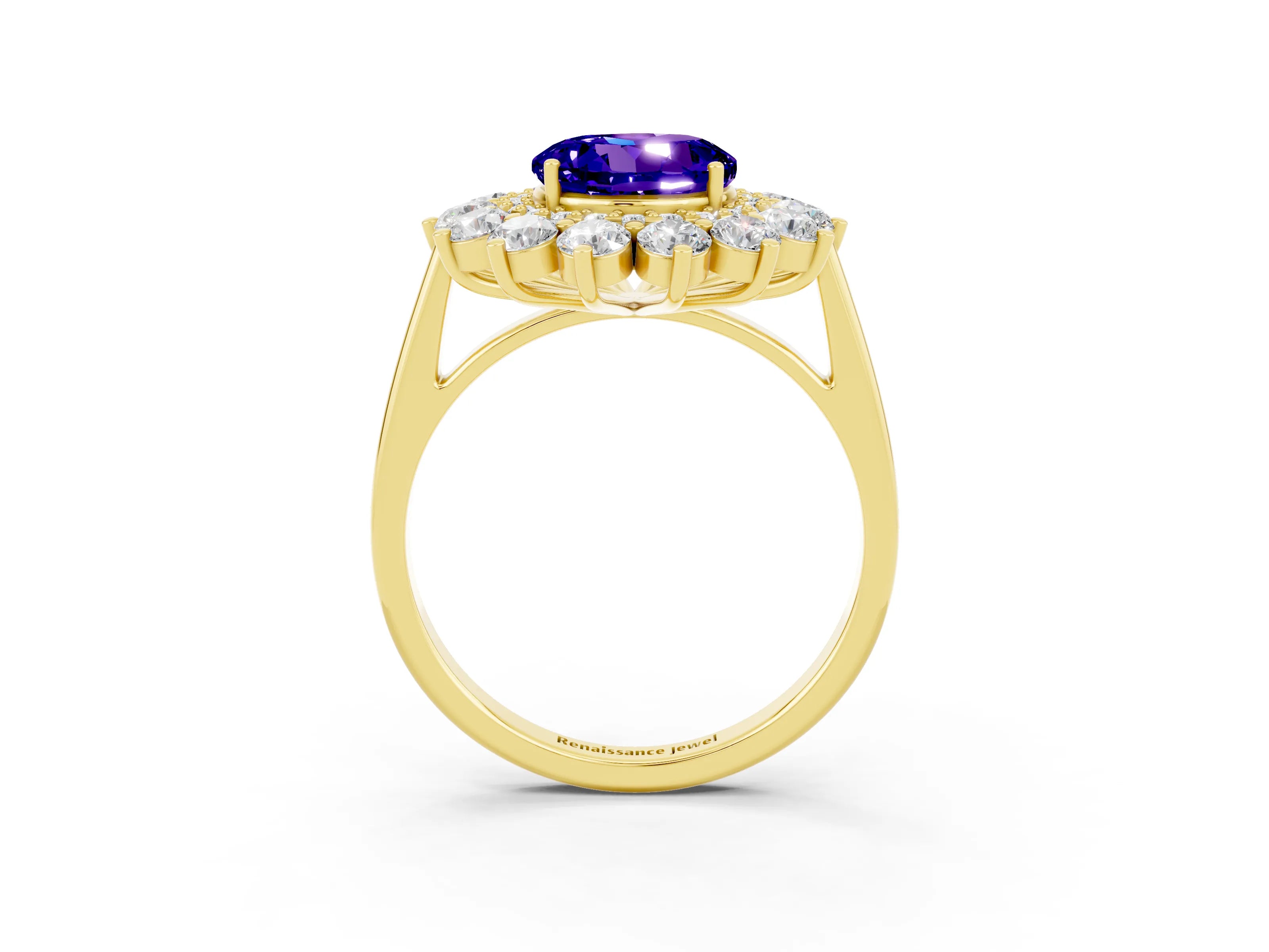 Yellow gold Round Cut Halo Cluster Diamond Ring with Pave Band and Four-Prong Setting_15