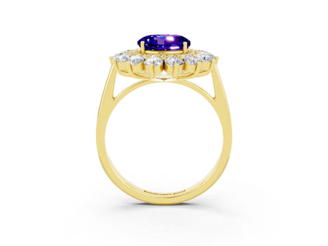 Yellow gold Round Cut Halo Cluster Diamond Ring with Pave Band and Four-Prong Setting_15