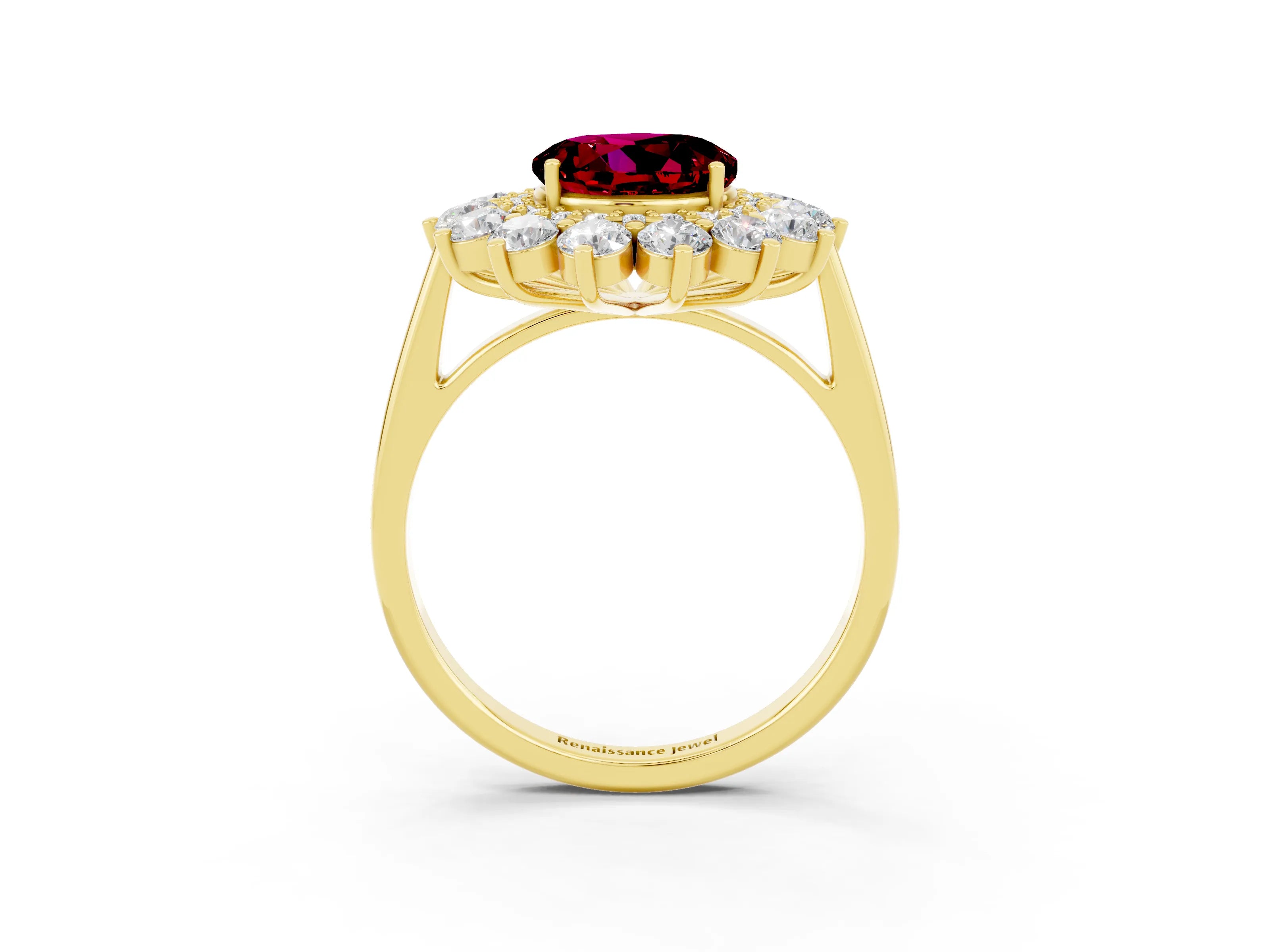 Yellow gold Round Cut Halo Cluster Diamond Ring with Pave Band and Four-Prong Setting_15