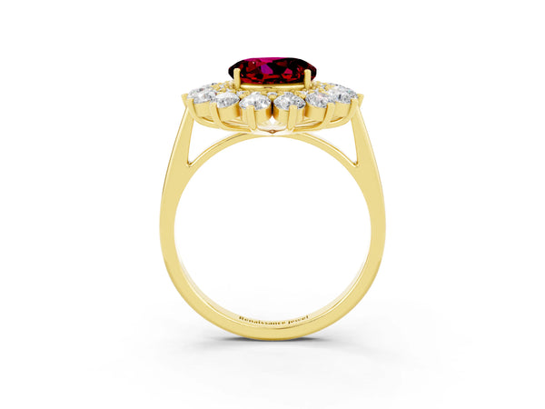 Yellow gold Round Cut Garnet Floral Double Halo Engagement Ring with Prong Setting