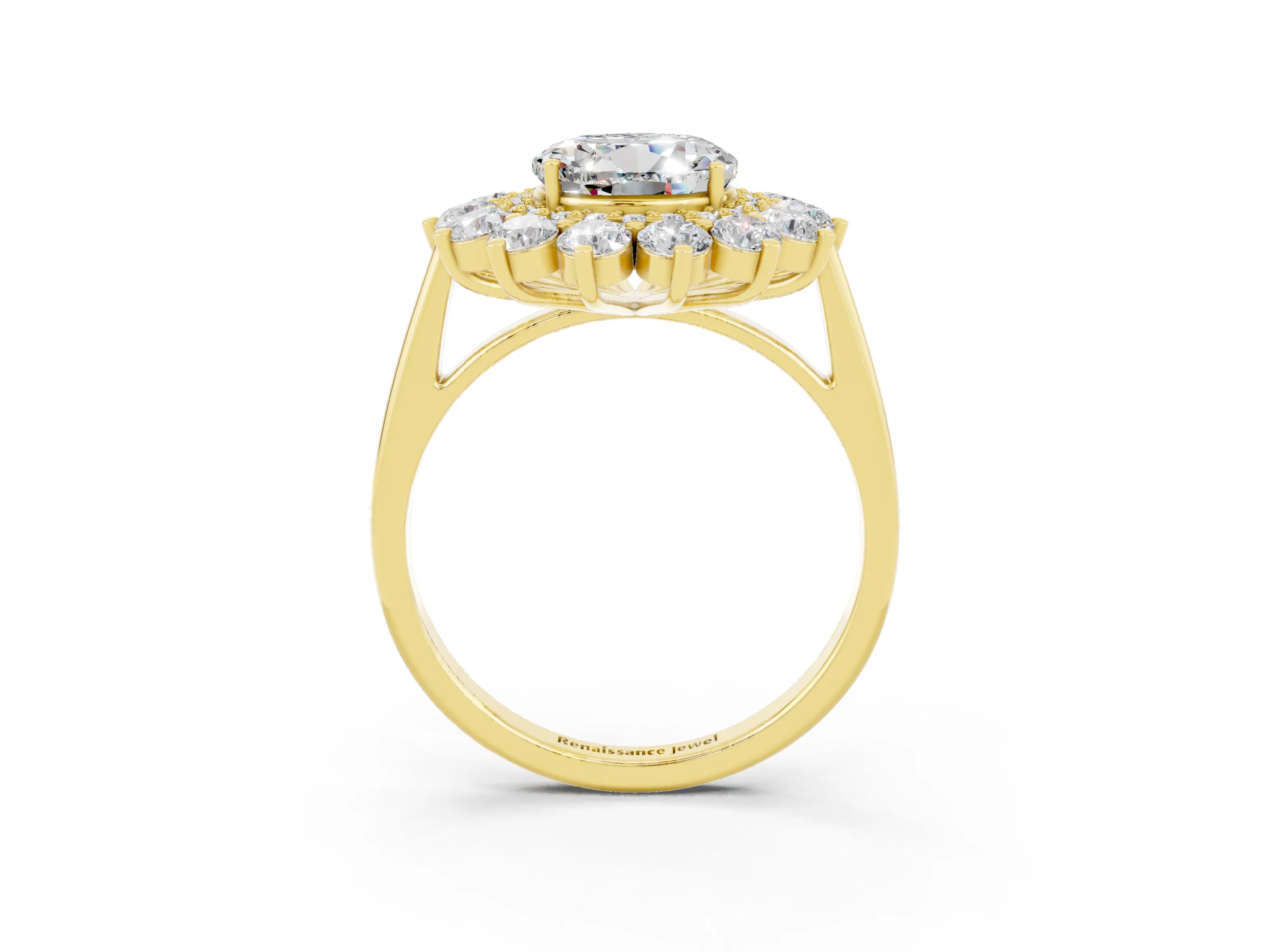 Yellow gold Round Cut Halo Cluster Diamond Ring with Pave Band and Four-Prong Setting_15