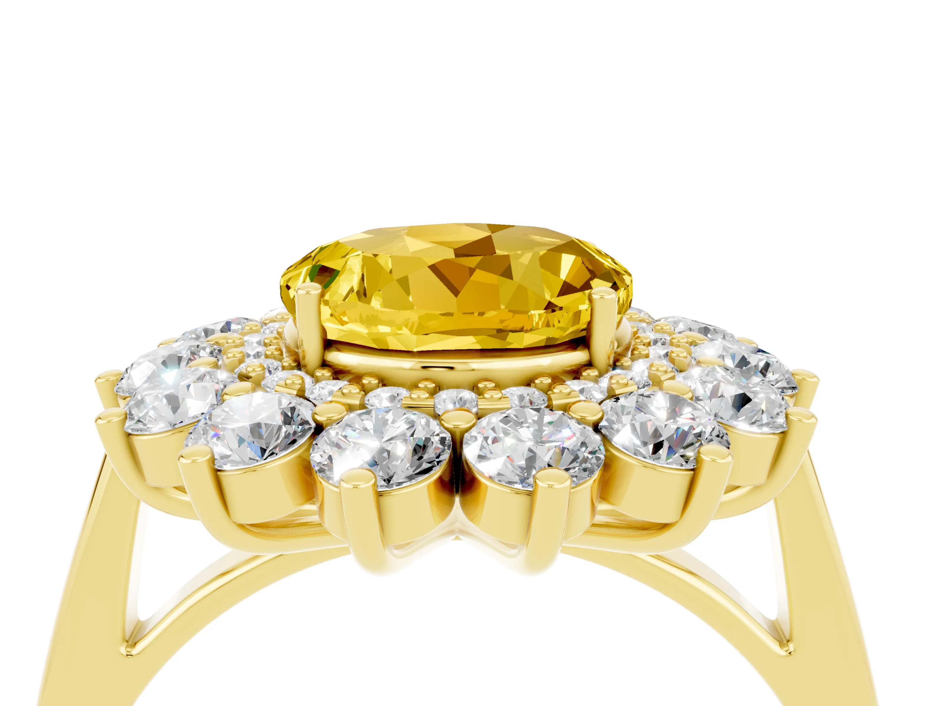 Yellow gold Round Cut Halo Cluster Diamond Ring with Pave Band and Four-Prong Setting_16