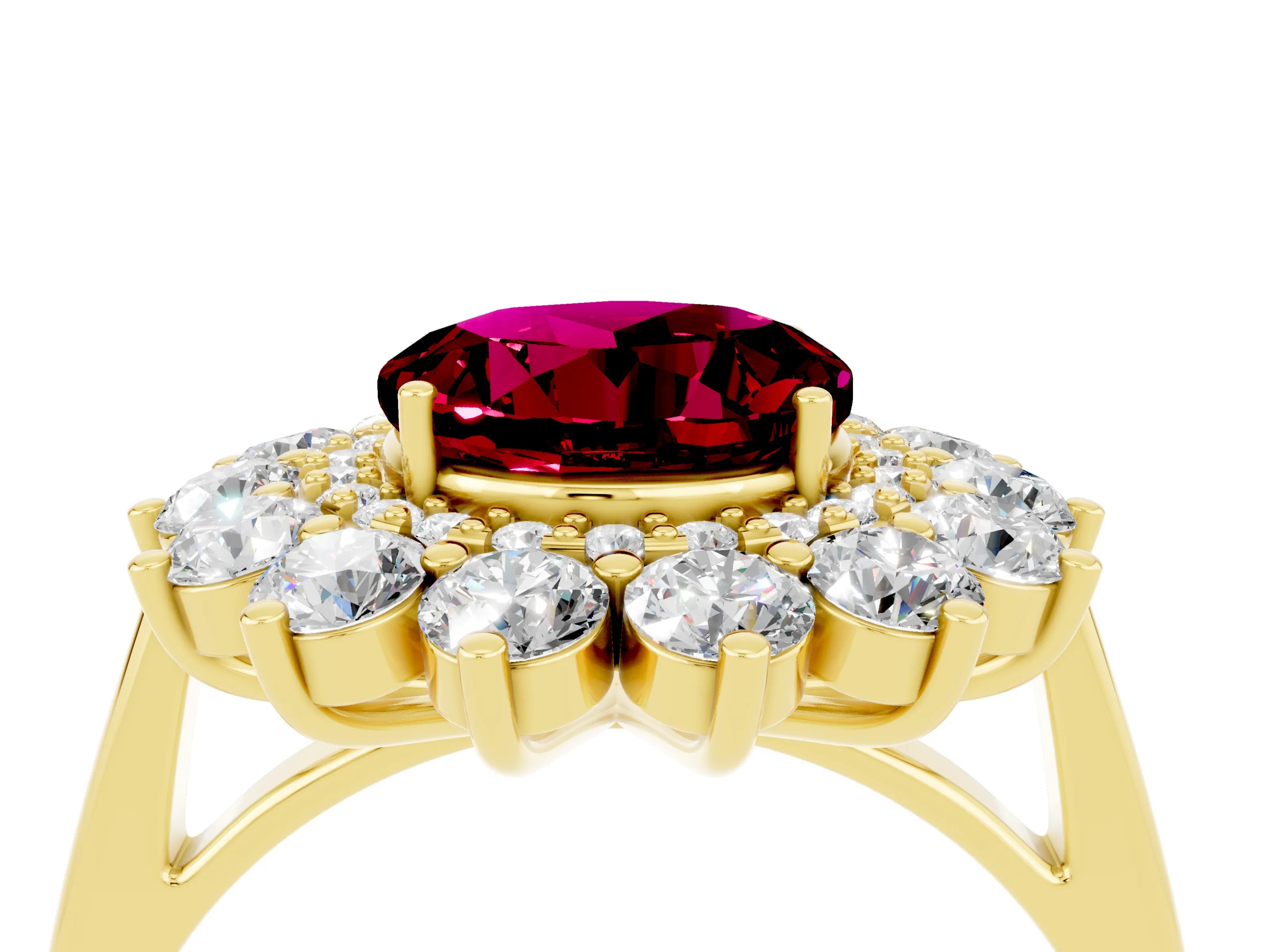 Yellow gold Round Cut Halo Cluster Diamond Ring with Pave Band and Four-Prong Setting_16