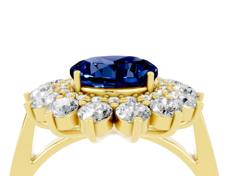 Yellow gold Round Cut Halo Cluster Diamond Ring with Pave Band and Four-Prong Setting_16