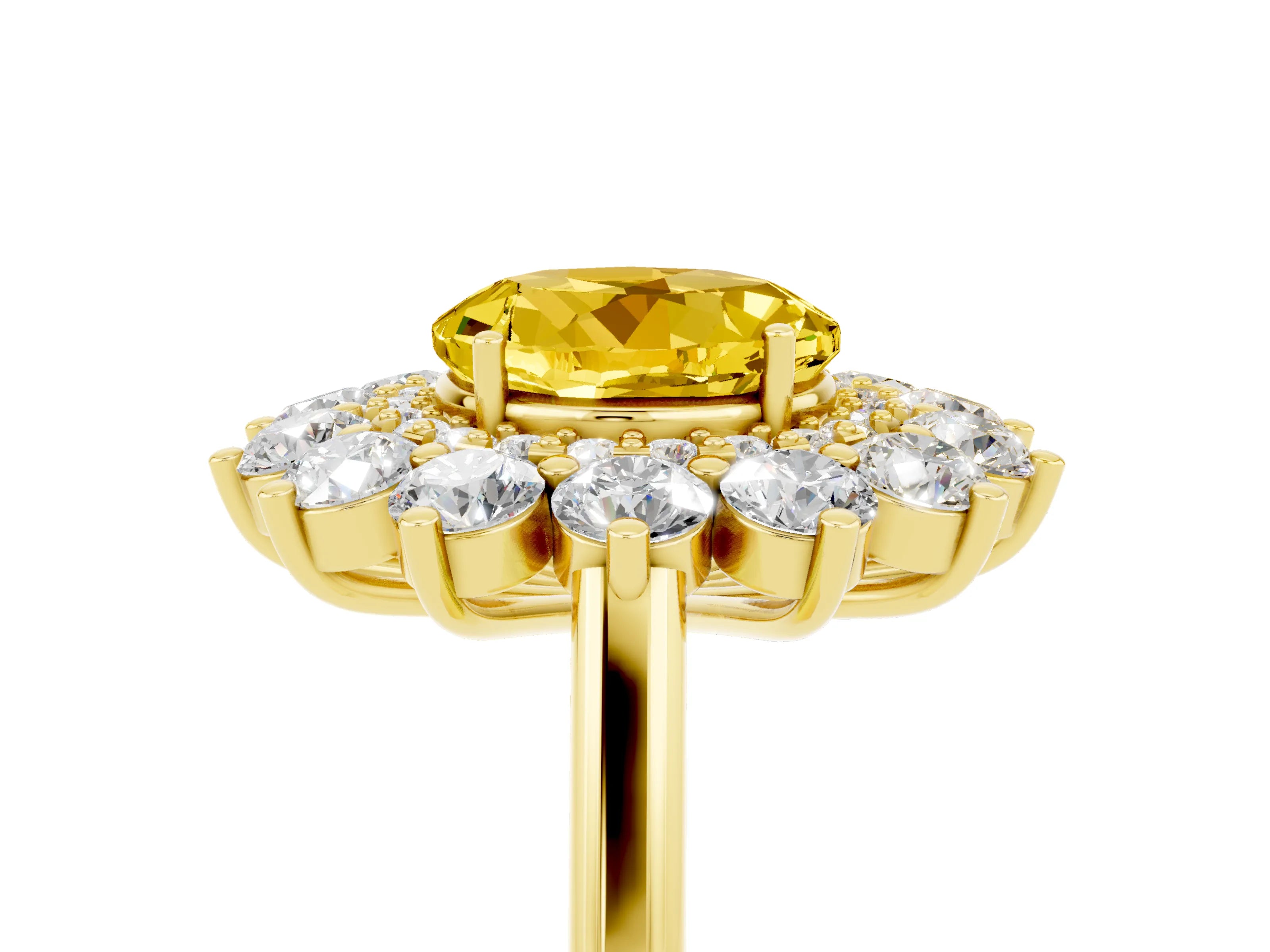 Yellow gold Round Cut Halo Cluster Diamond Ring with Pave Band and Four-Prong Setting_17