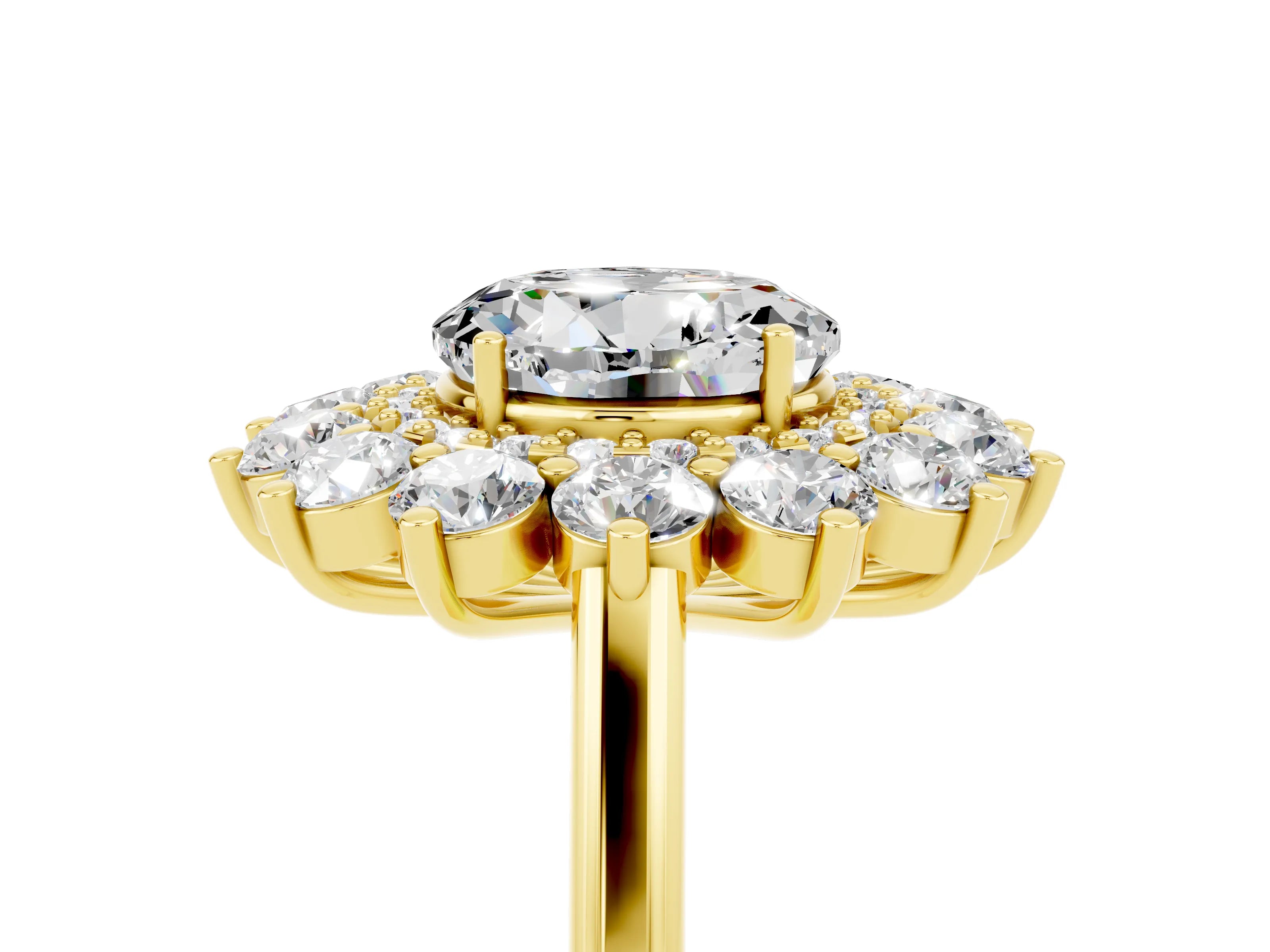 Yellow gold Round Cut Halo Cluster Diamond Ring with Pave Band and Four-Prong Setting_17