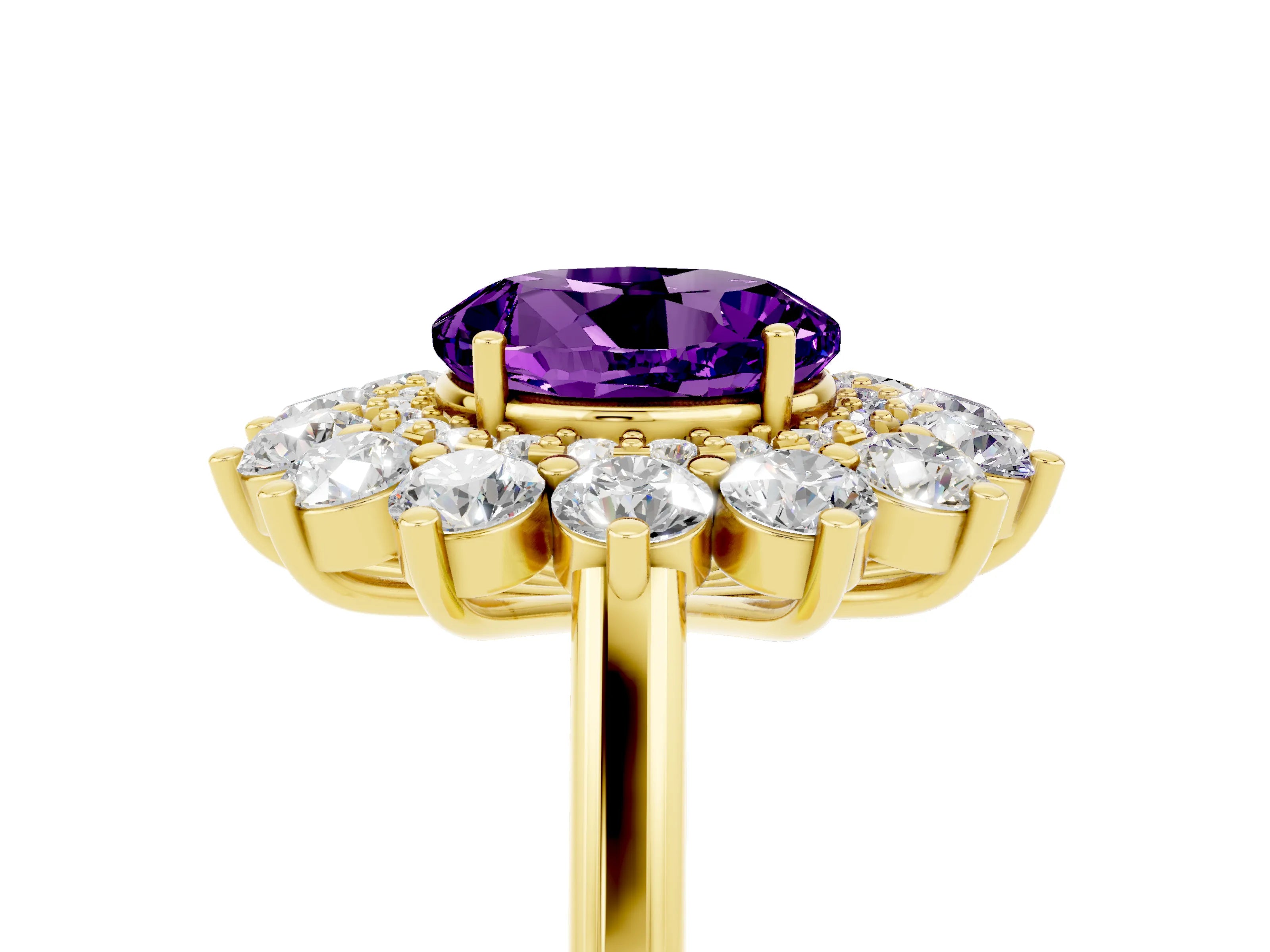 Yellow gold Round Cut Halo Cluster Diamond Ring with Pave Band and Four-Prong Setting_17