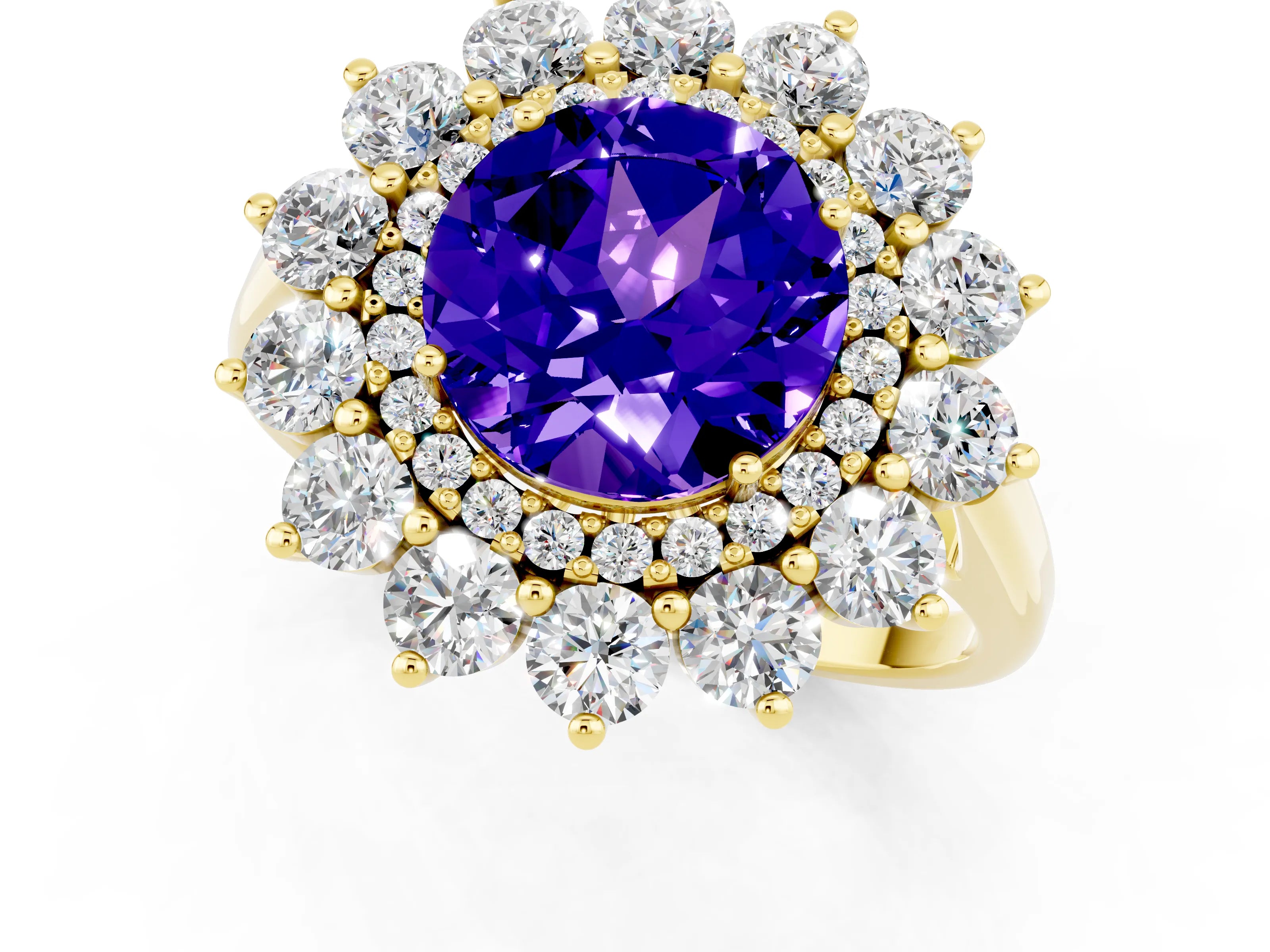 Yellow gold Round Cut Halo Cluster Diamond Ring with Pave Band and Four-Prong Setting_1