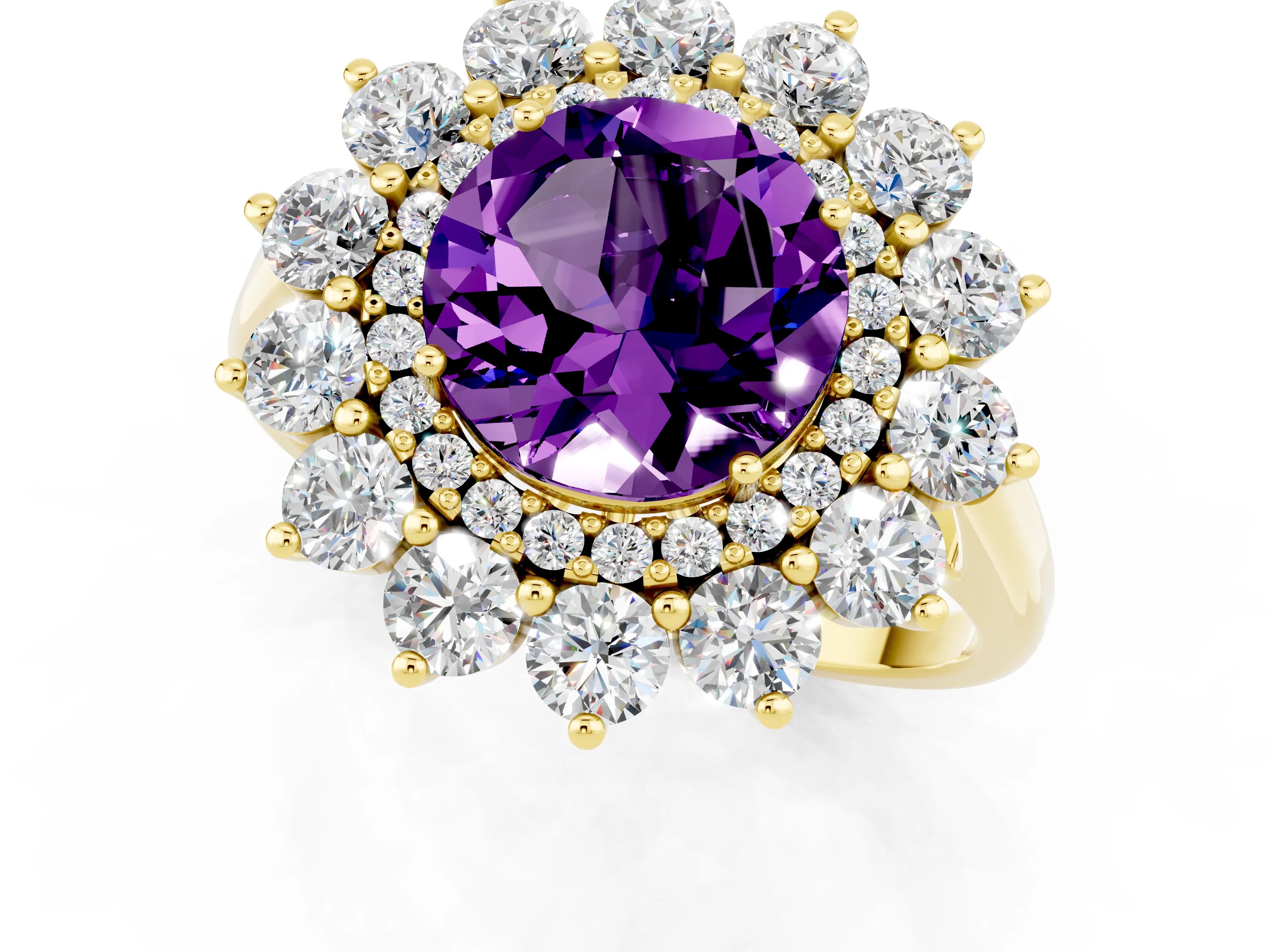 Yellow gold Round Cut Halo Cluster Diamond Ring with Pave Band and Four-Prong Setting_1