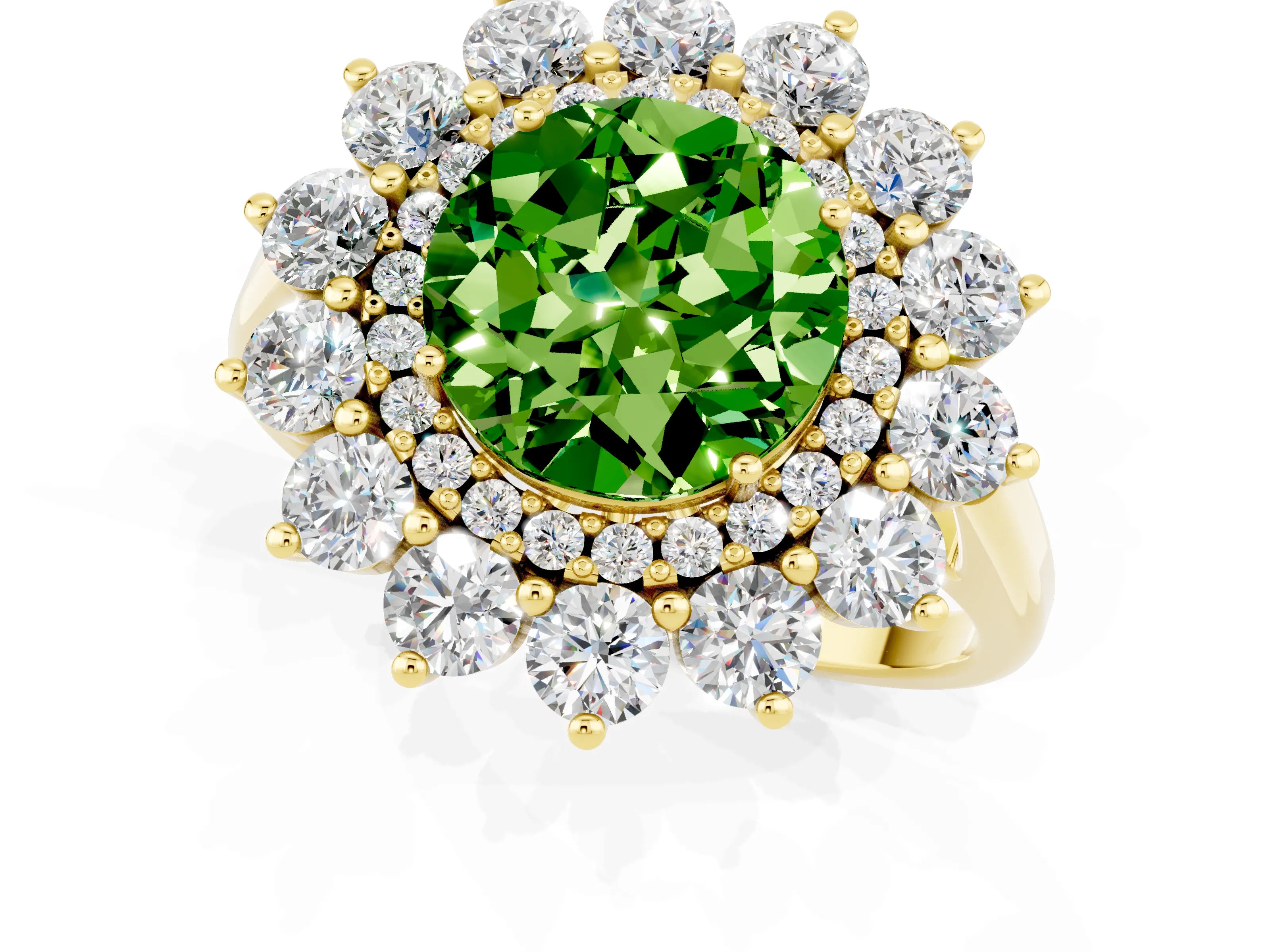 Yellow gold Round Cut Halo Cluster Diamond Ring with Pave Band and Four-Prong Setting_1