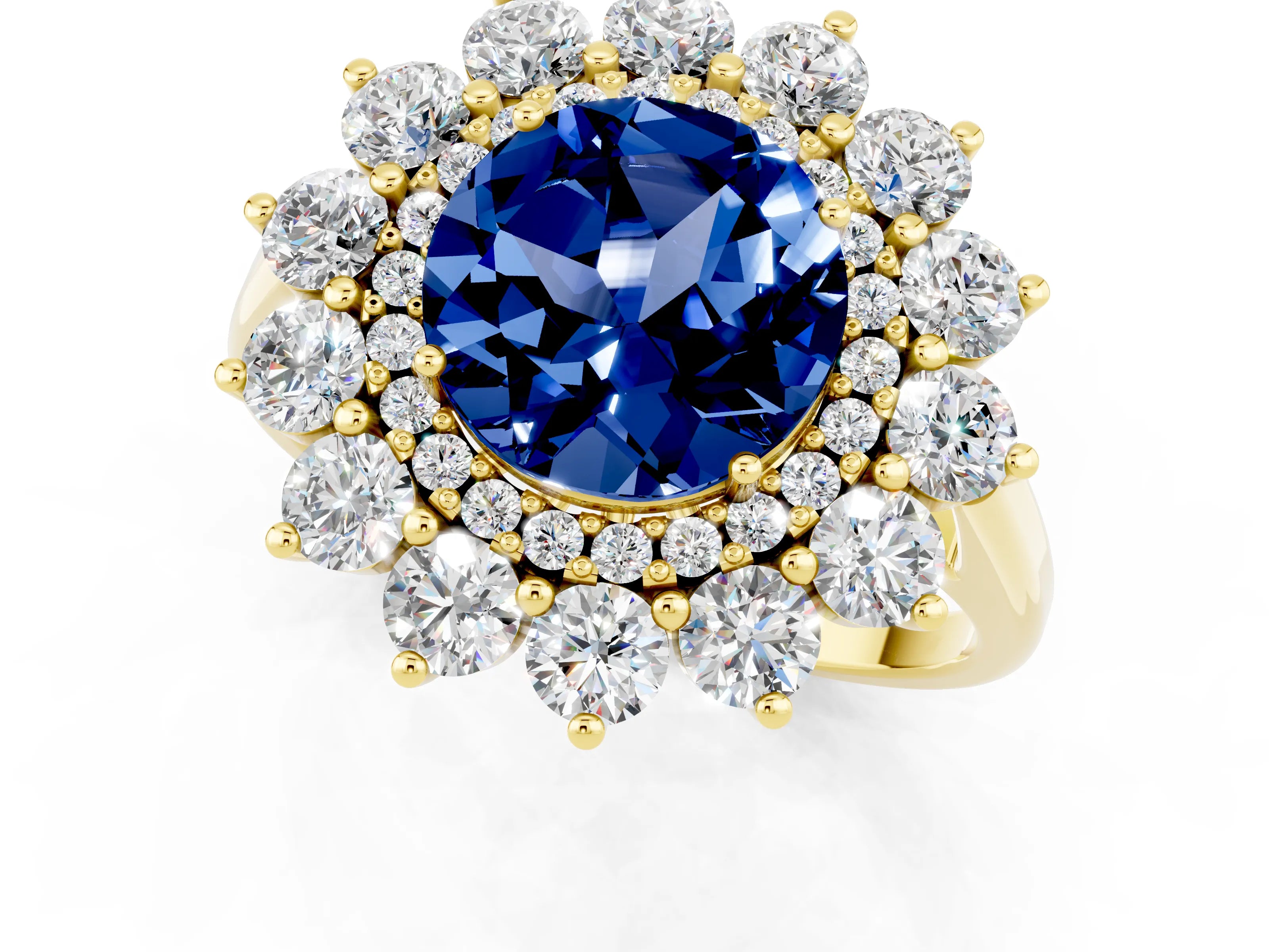 Yellow gold Round Cut Halo Cluster Diamond Ring with Pave Band and Four-Prong Setting_1