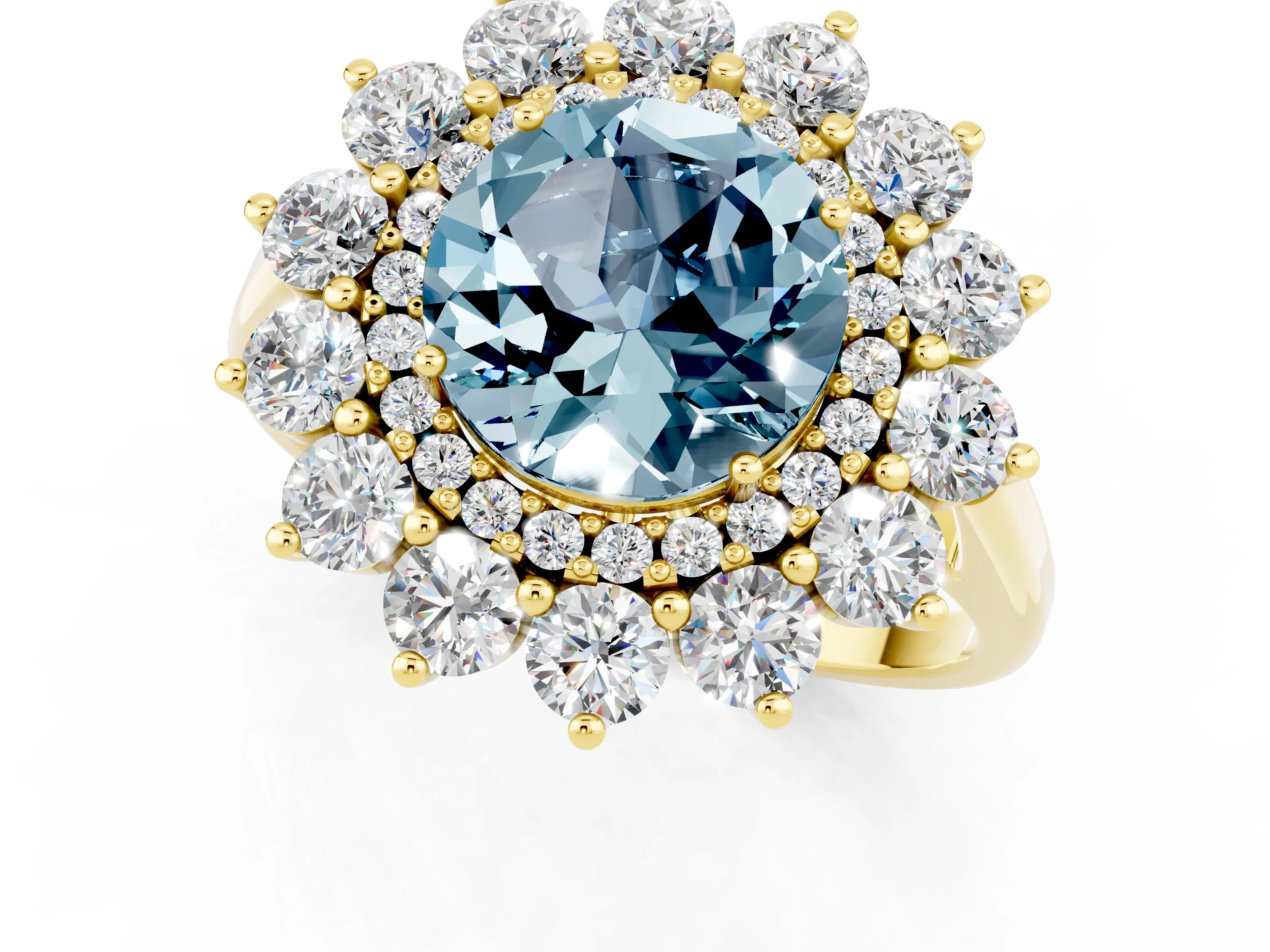 Yellow gold Round Cut Halo Cluster Diamond Ring with Pave Band and Four-Prong Setting_1