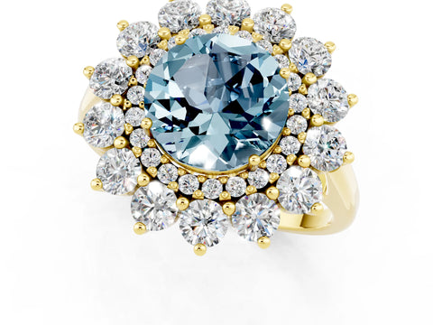 Yellow gold Round Cut Halo Cluster Diamond Ring with Pave Band and Four-Prong Setting_1