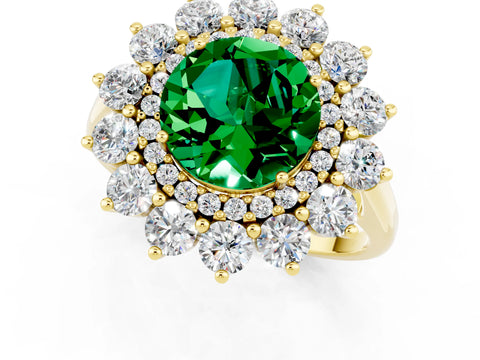 Yellow gold Round Cut Halo Cluster Diamond Ring with Pave Band and Four-Prong Setting_1