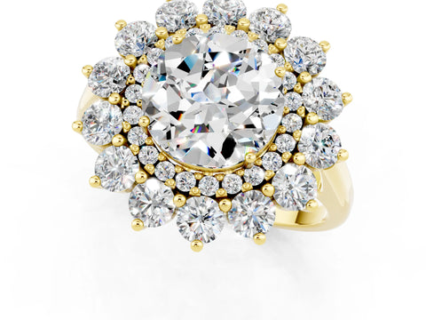 Yellow gold Round Cut Halo Cluster Diamond Ring with Pave Band and Four-Prong Setting_1