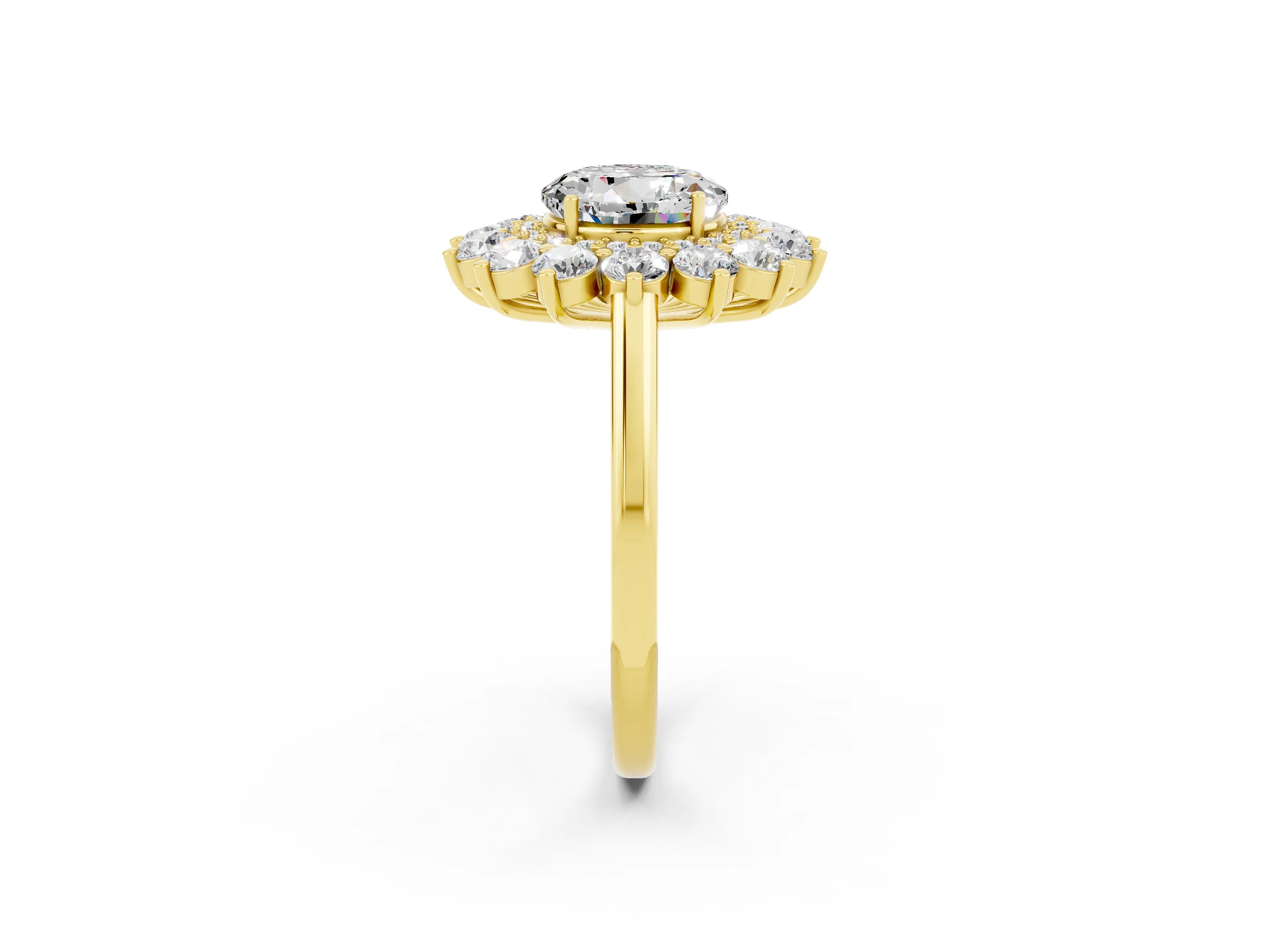 Yellow gold Round Cut Halo Cluster Diamond Ring with Pave Band and Four-Prong Setting_2