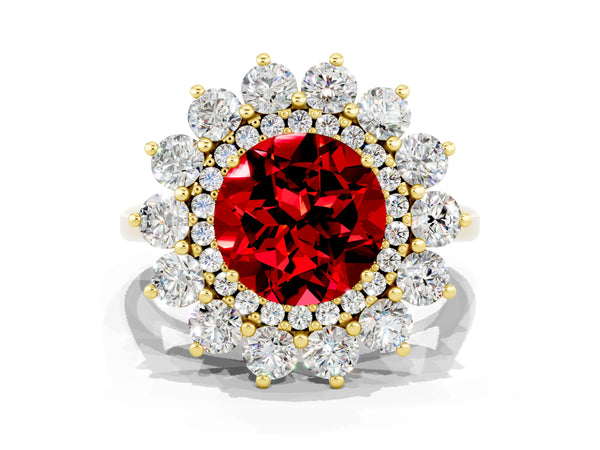 Yellow gold Round Cut Ruby Floral Double Halo Engagement Ring with Prong Setting