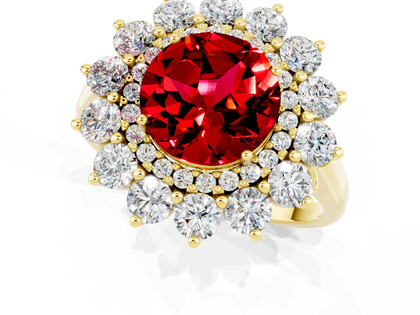 Yellow gold Round Cut Ruby Floral Double Halo Engagement Ring with Prong Setting