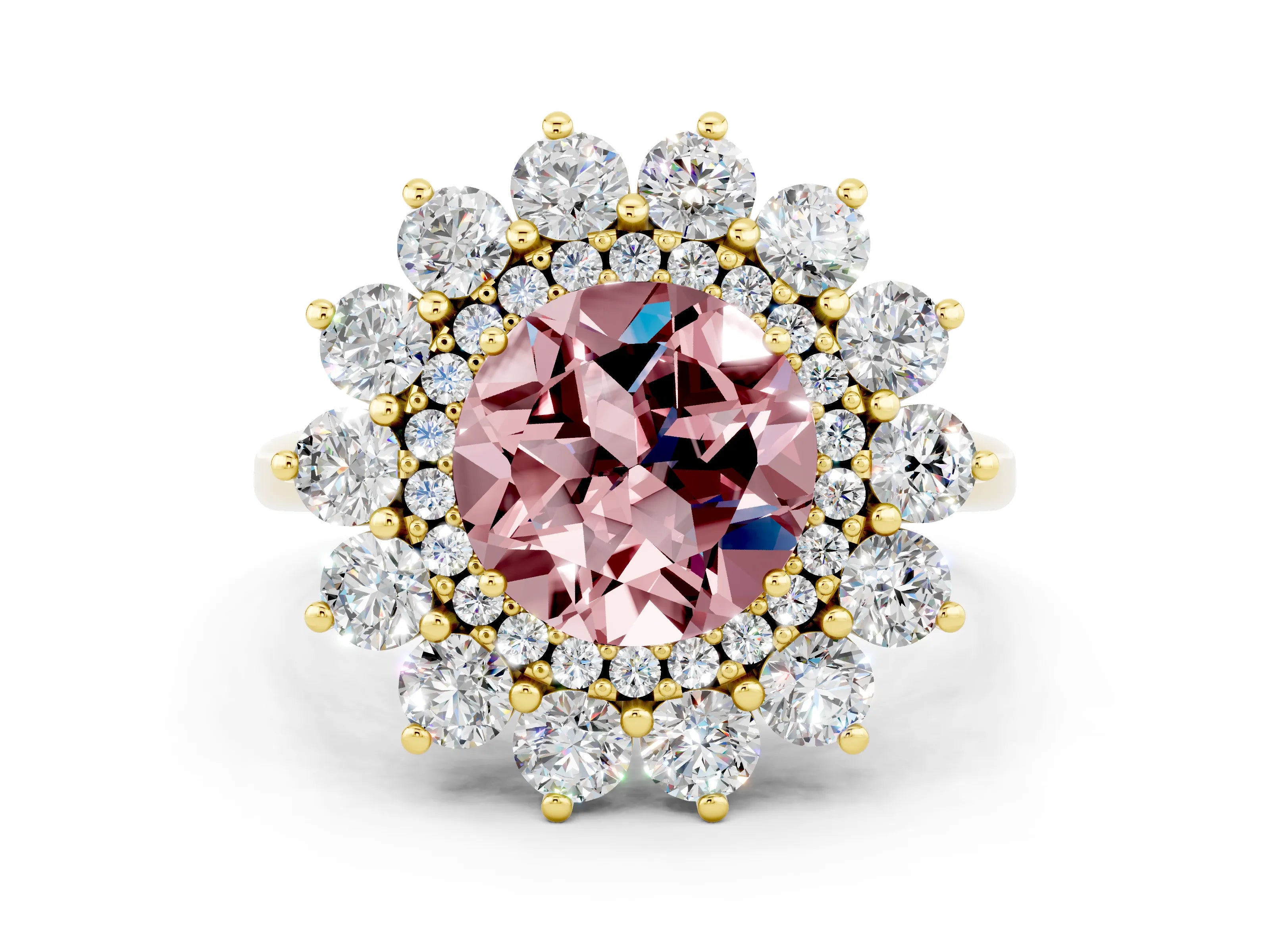 Yellow gold Round Cut Halo Cluster Diamond Ring with Pave Band and Four-Prong Setting_21