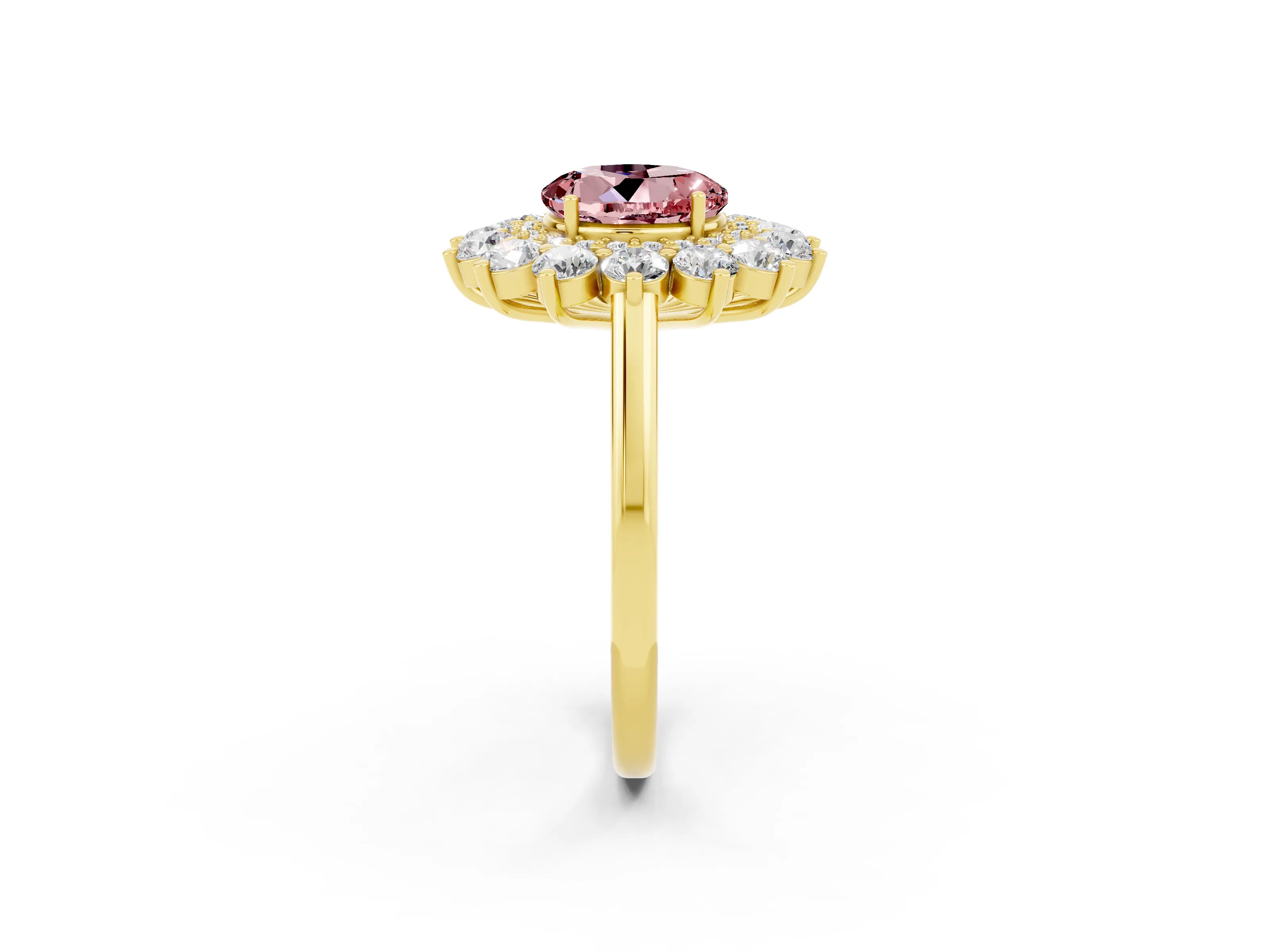 Yellow gold Round Cut Halo Cluster Diamond Ring with Pave Band and Four-Prong Setting_23