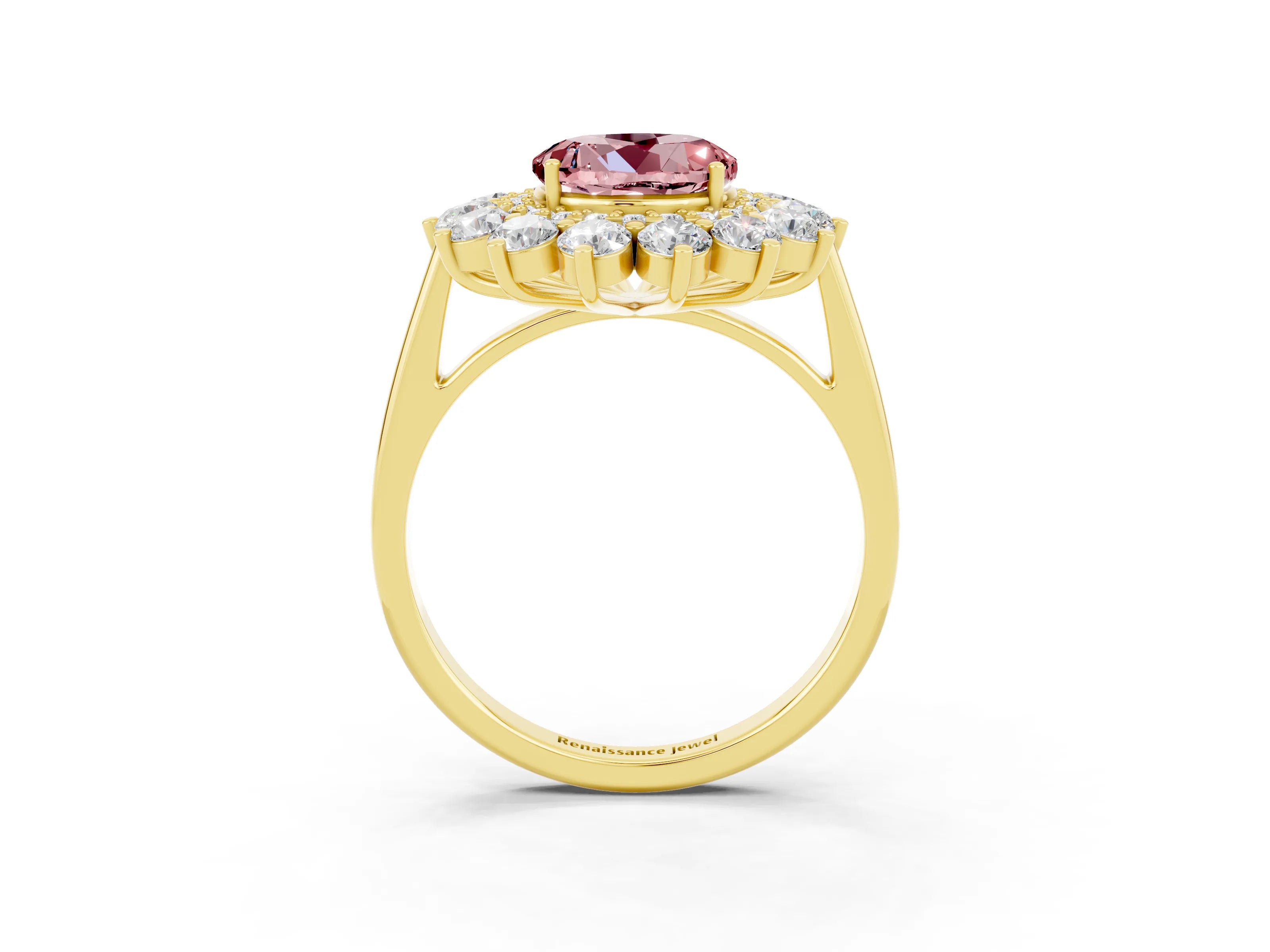 Yellow gold Round Cut Halo Cluster Diamond Ring with Pave Band and Four-Prong Setting_24