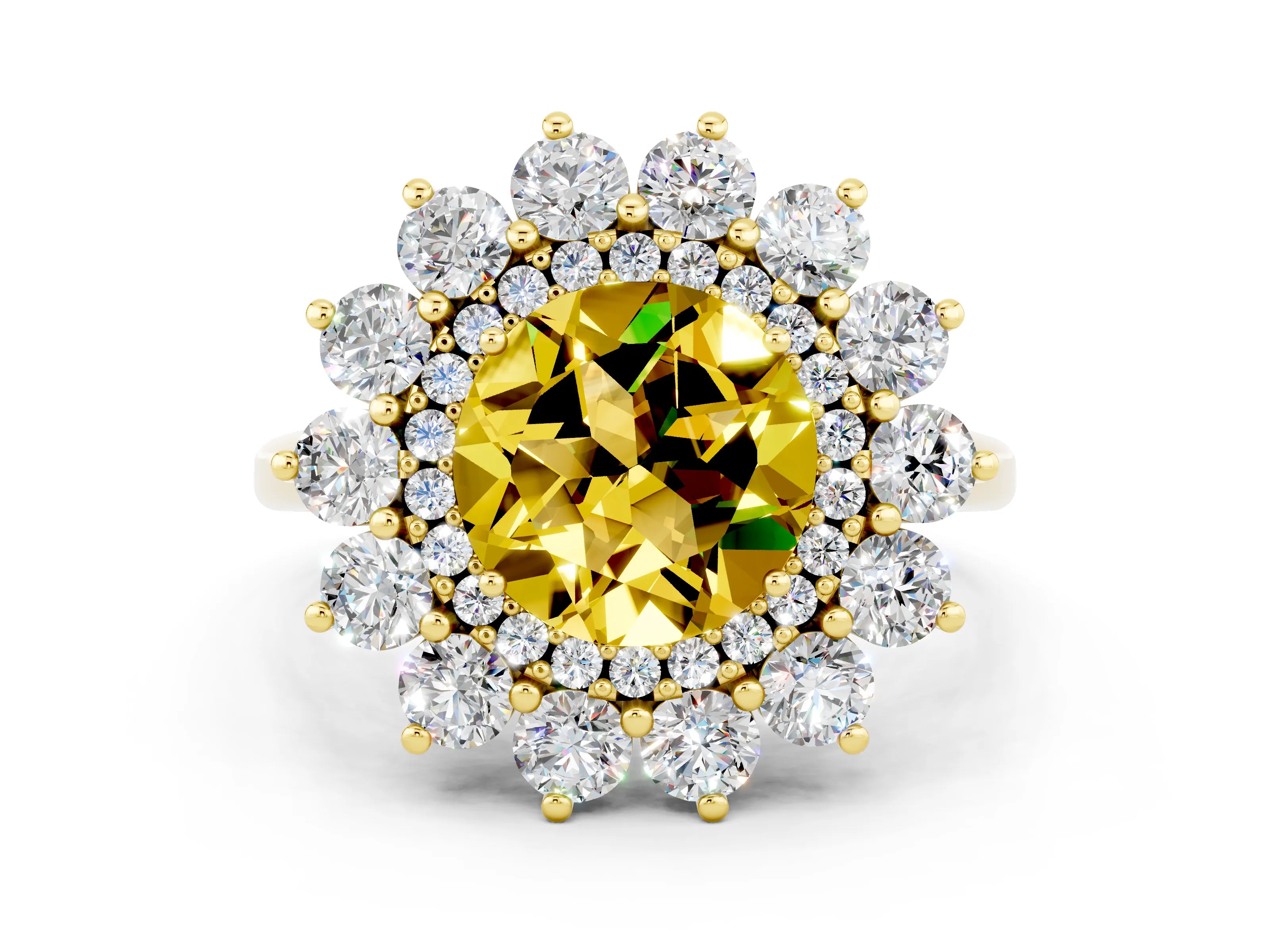Yellow gold Round Cut Halo Cluster Diamond Ring with Pave Band and Four-Prong Setting