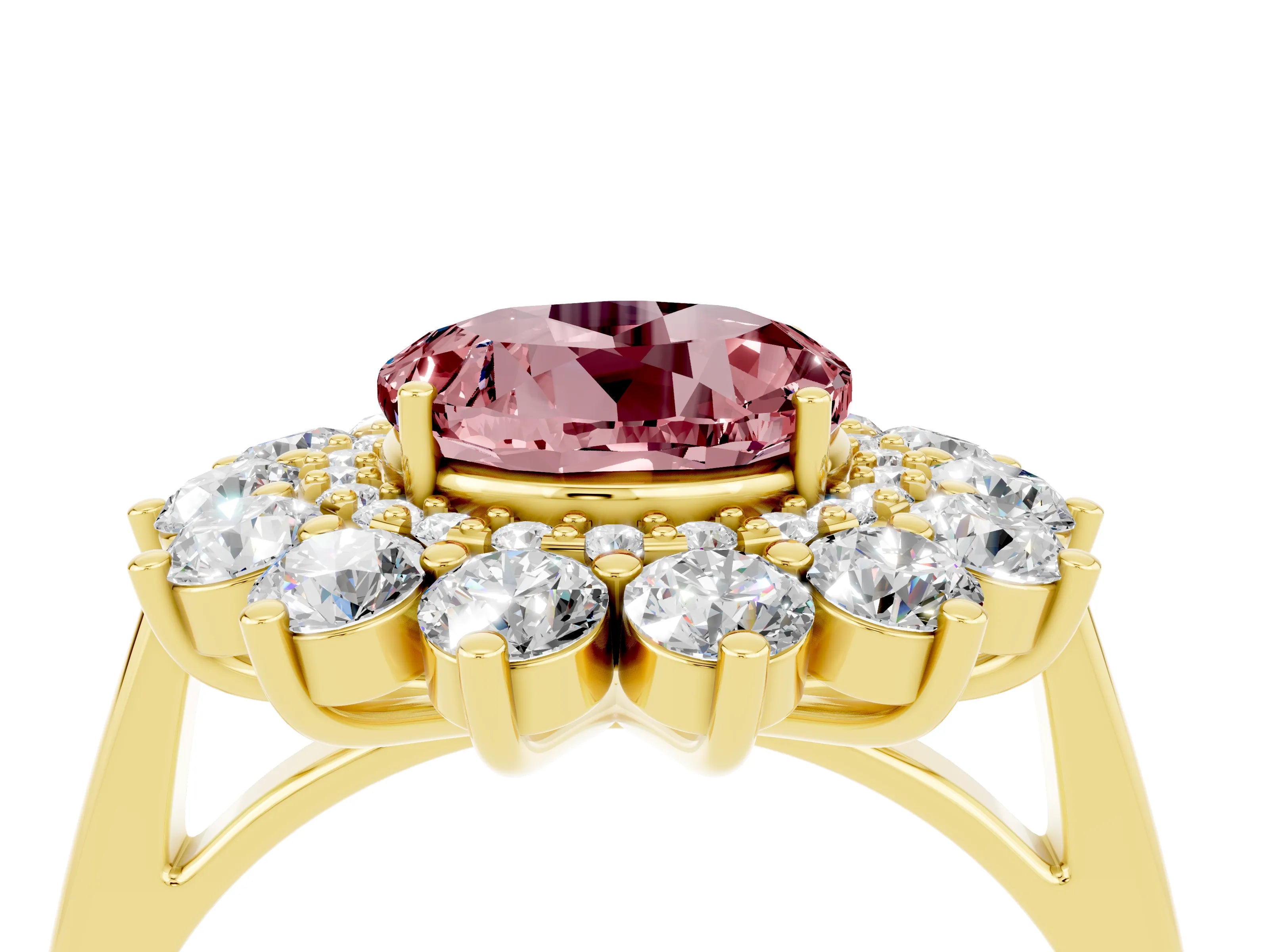 Yellow gold Round Cut Halo Cluster Diamond Ring with Pave Band and Four-Prong Setting_25