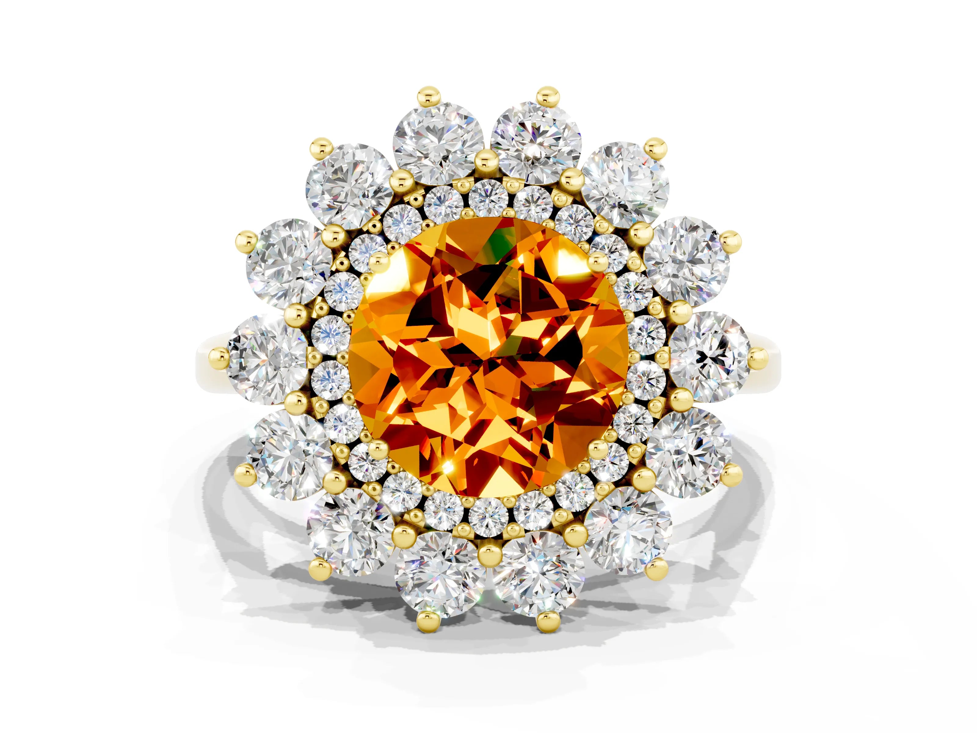 Yellow gold Round Cut Halo Cluster Diamond Ring with Pave Band and Four-Prong Setting