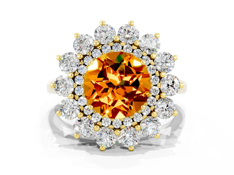 Yellow gold Round Cut Halo Cluster Diamond Ring with Pave Band and Four-Prong Setting