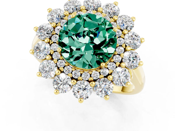 Yellow gold Round Cut Green Sapphire Floral Double Halo Engagement Ring with Prong Setting