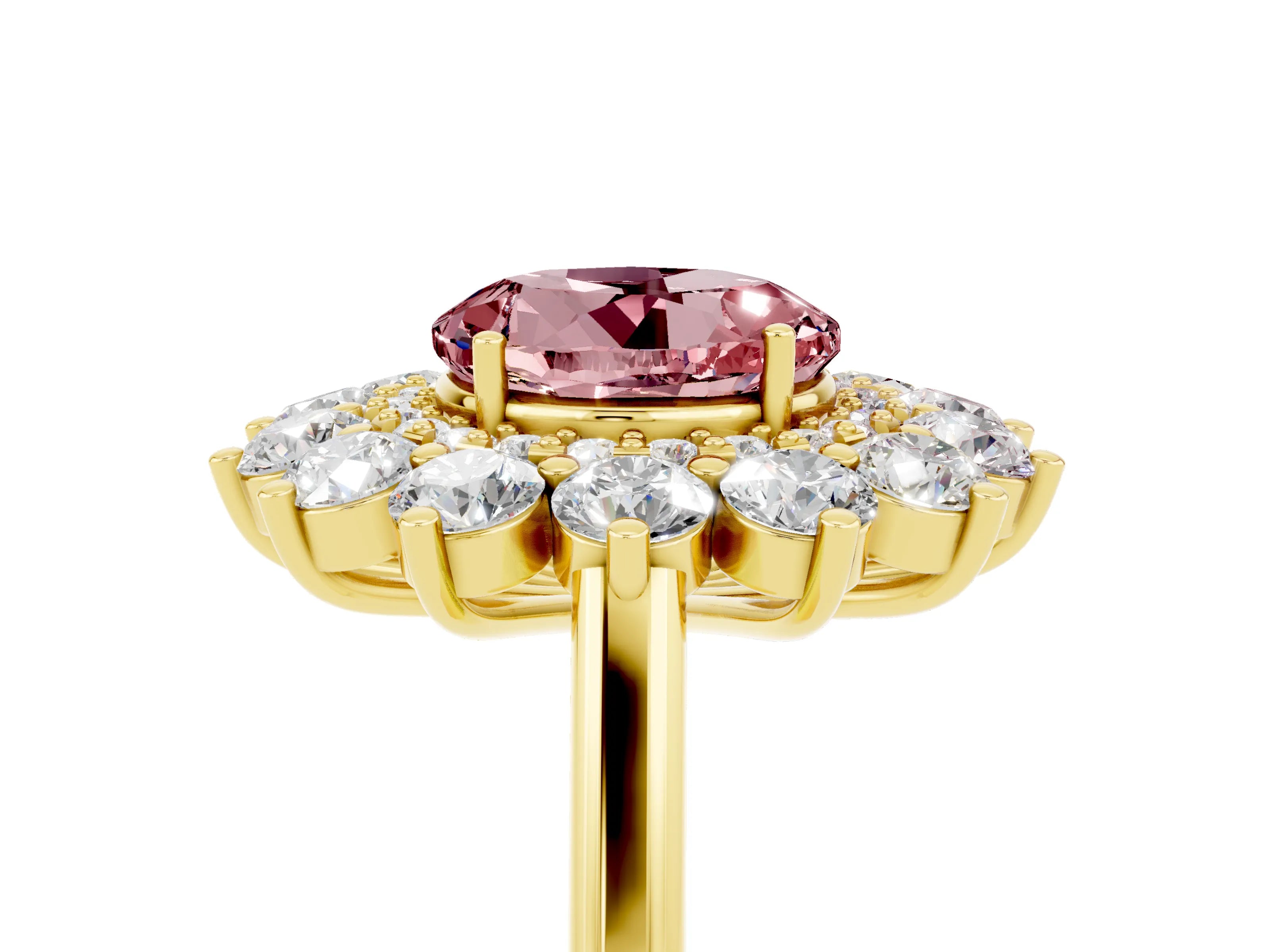 Yellow gold Round Cut Halo Cluster Diamond Ring with Pave Band and Four-Prong Setting_26