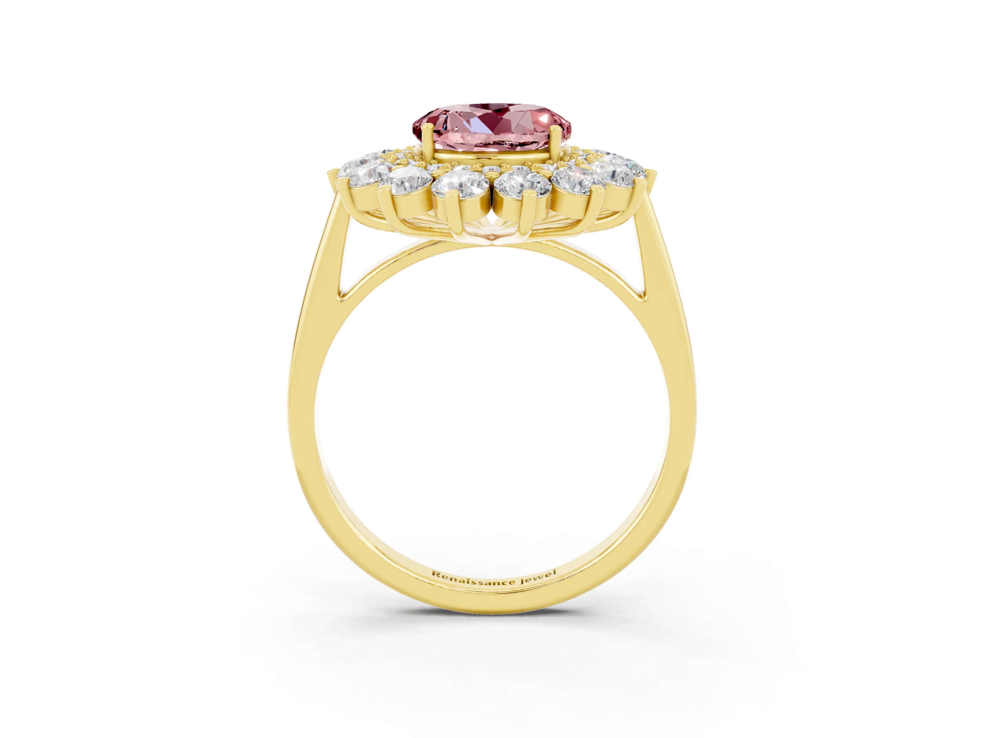 Yellow gold Round Cut Halo Cluster Diamond Ring with Pave Band and Four-Prong Setting_27