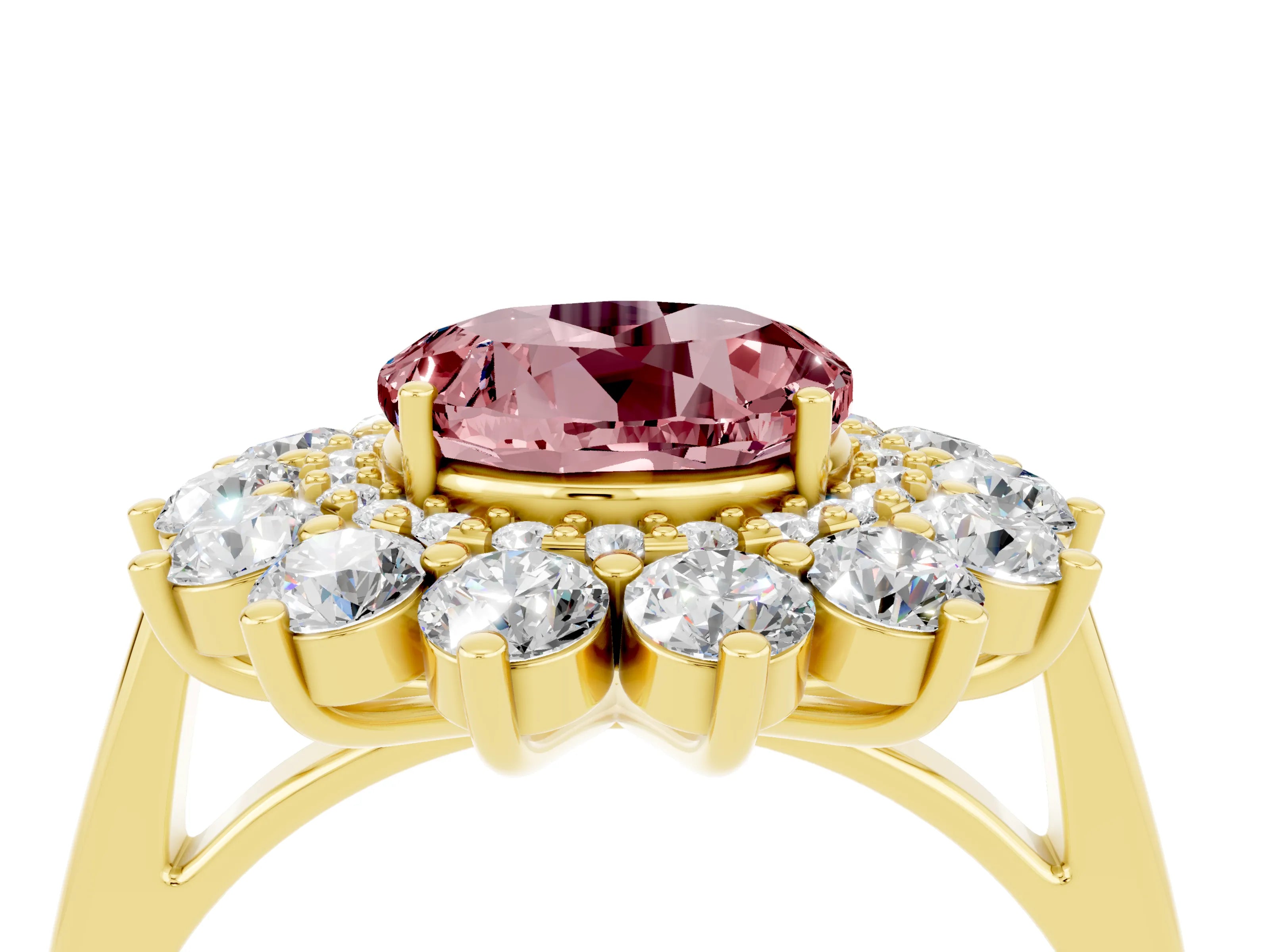 Yellow gold Round Cut Halo Cluster Diamond Ring with Pave Band and Four-Prong Setting_28