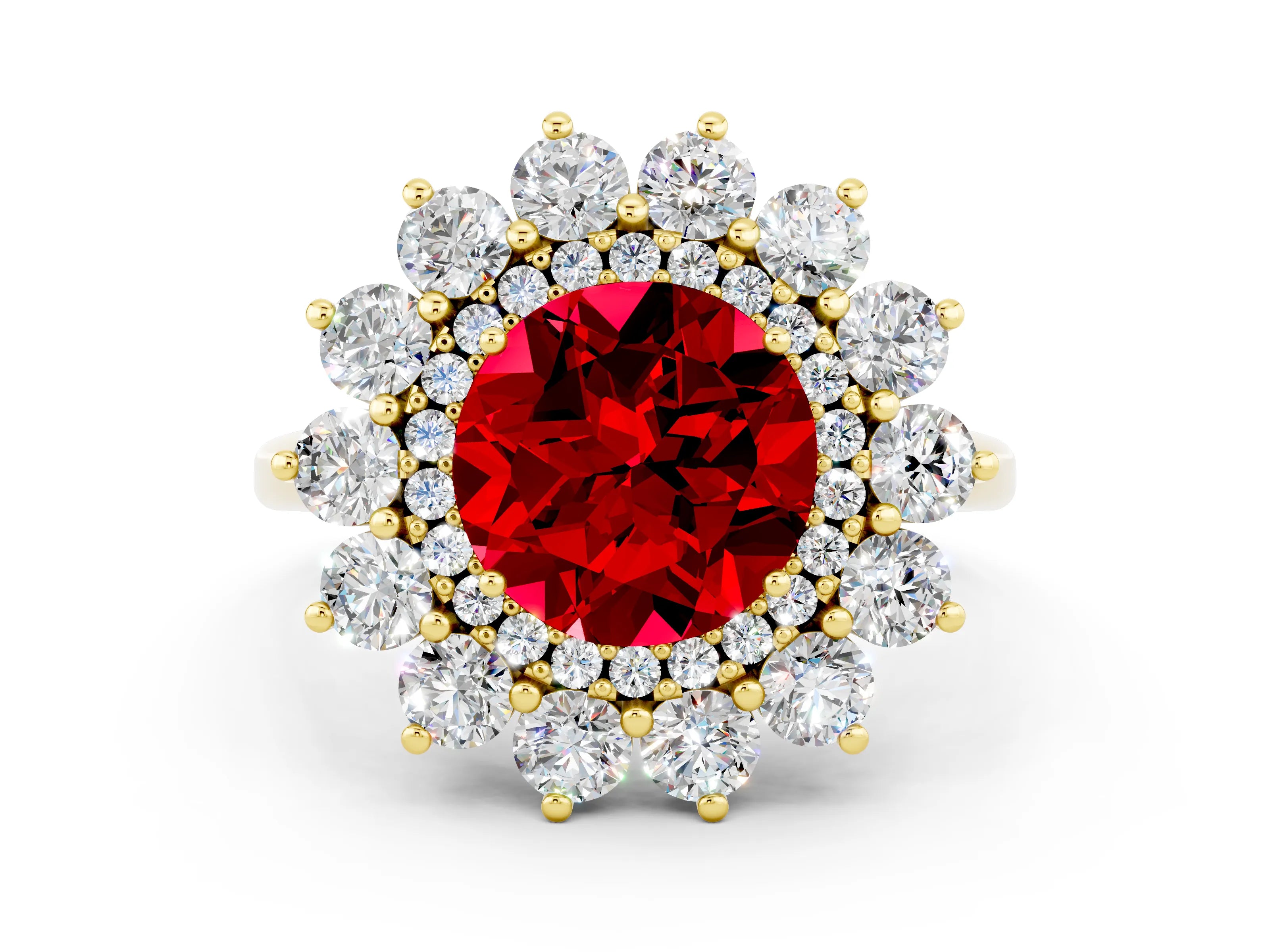 Yellow gold Round Cut Halo Cluster Diamond Ring with Pave Band and Four-Prong Setting_28