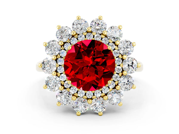 Yellow gold Round Cut Ruby Floral Double Halo Engagement Ring with Prong Setting
