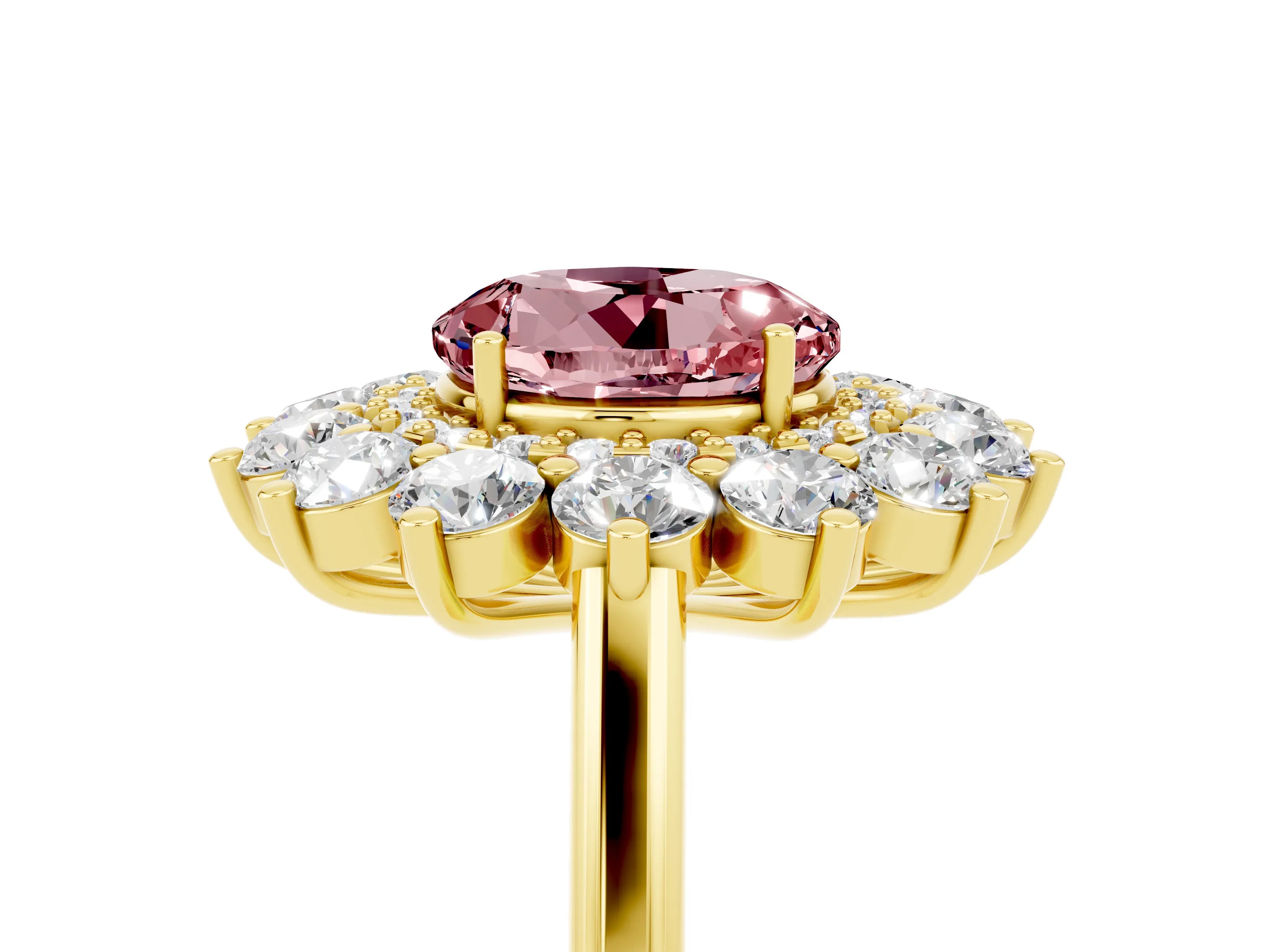Yellow gold Round Cut Halo Cluster Diamond Ring with Pave Band and Four-Prong Setting_29
